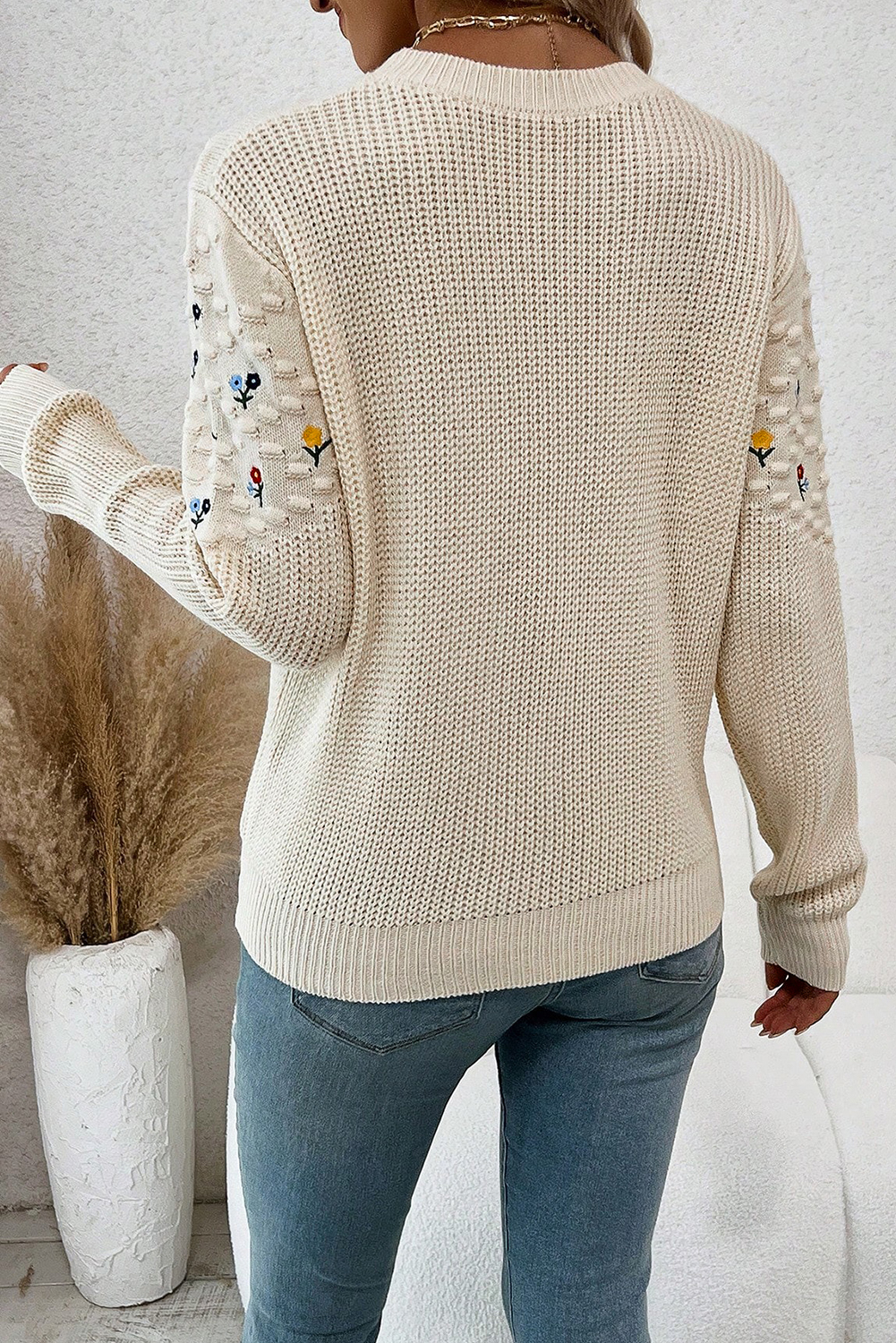 Jet Stream Mixed Texture Knit Flower Embroidered Detail Casual Sweater - loveforevers
