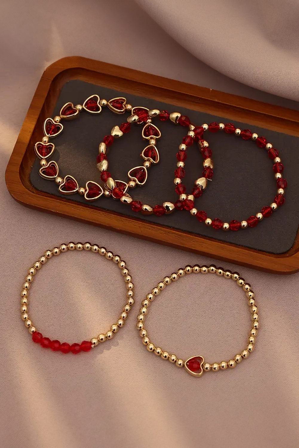 Fiery Red Heart Shape Plated Beaded Elastic Bracelet Set - loveforevers