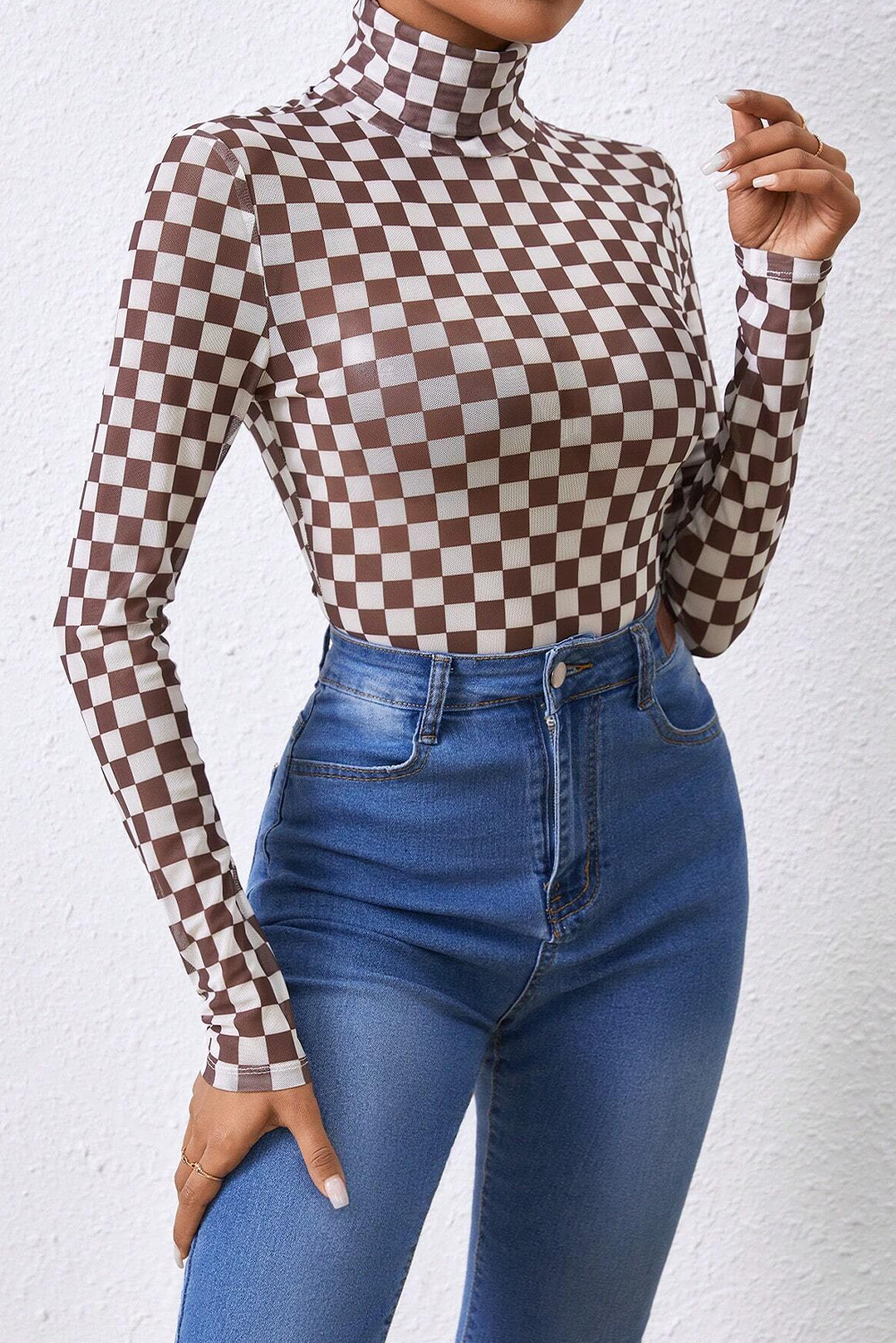Khaki Checkered Pattern Mesh Mock Neck Long Sleeve Top - loveforevers