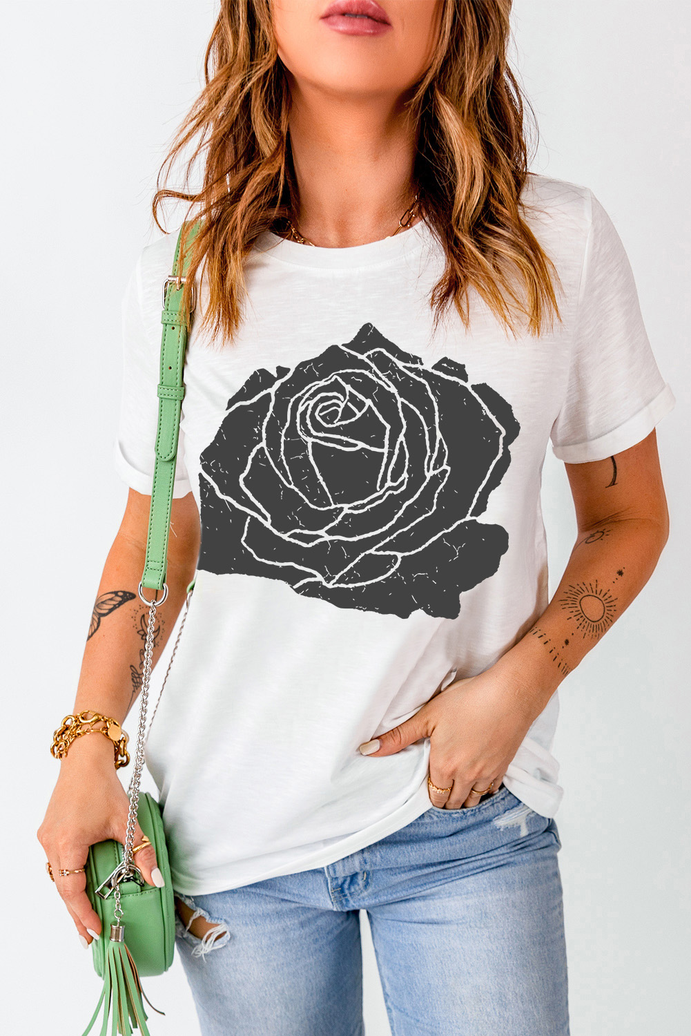 White Large Rose Print Round Neck T Shirt - loveforevers