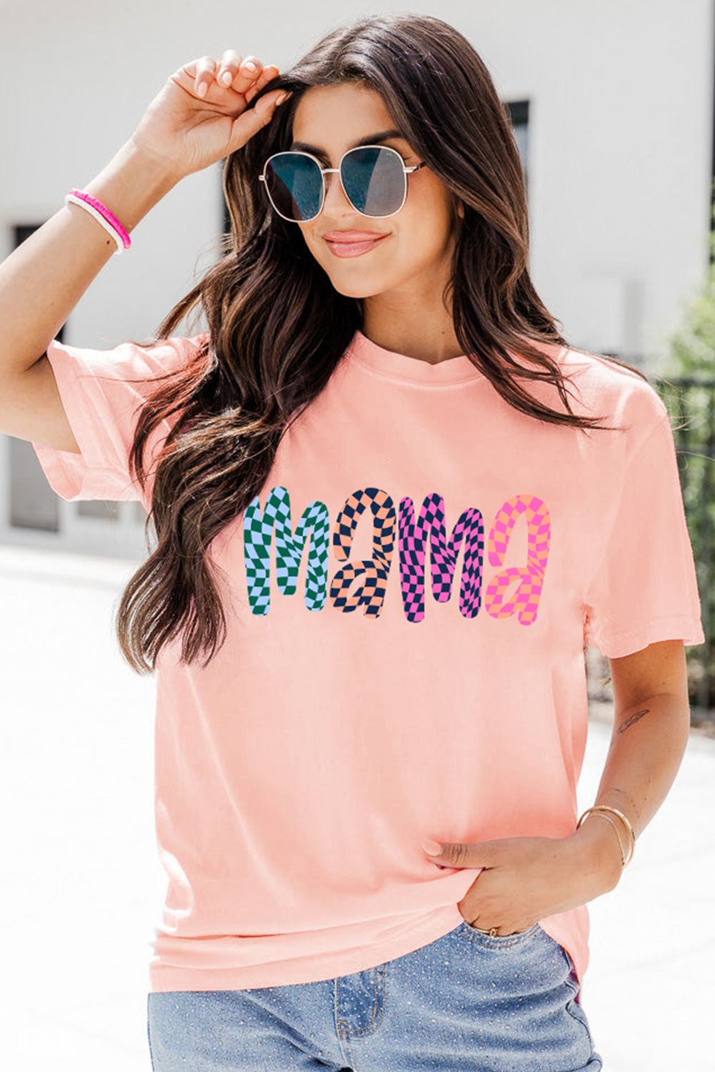 Pink Checkerboard mama Printed Crew Neck Tee - loveforevers