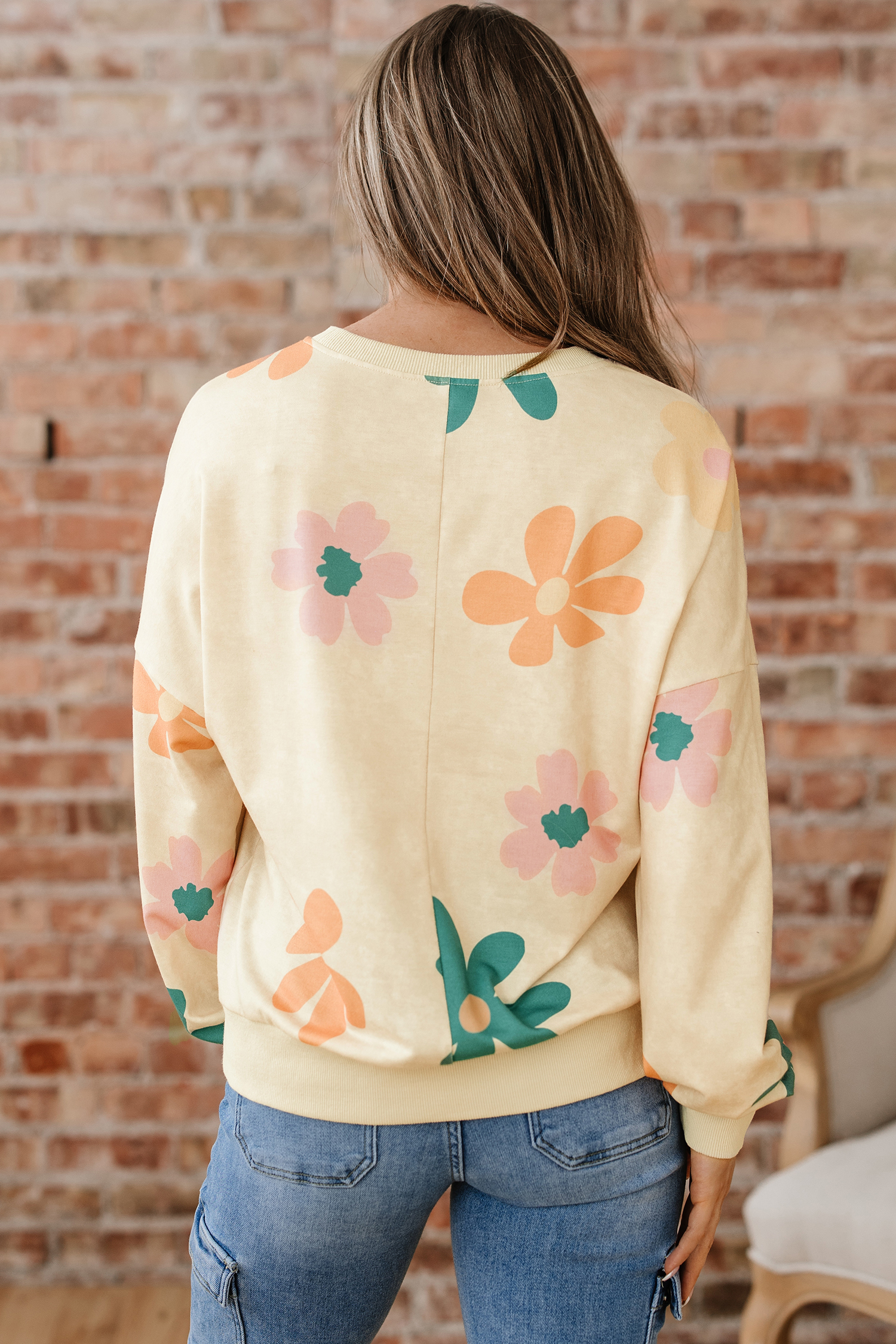 Khaki Mineral Washed French Terry Flower Print Sweatshirt - loveforevers