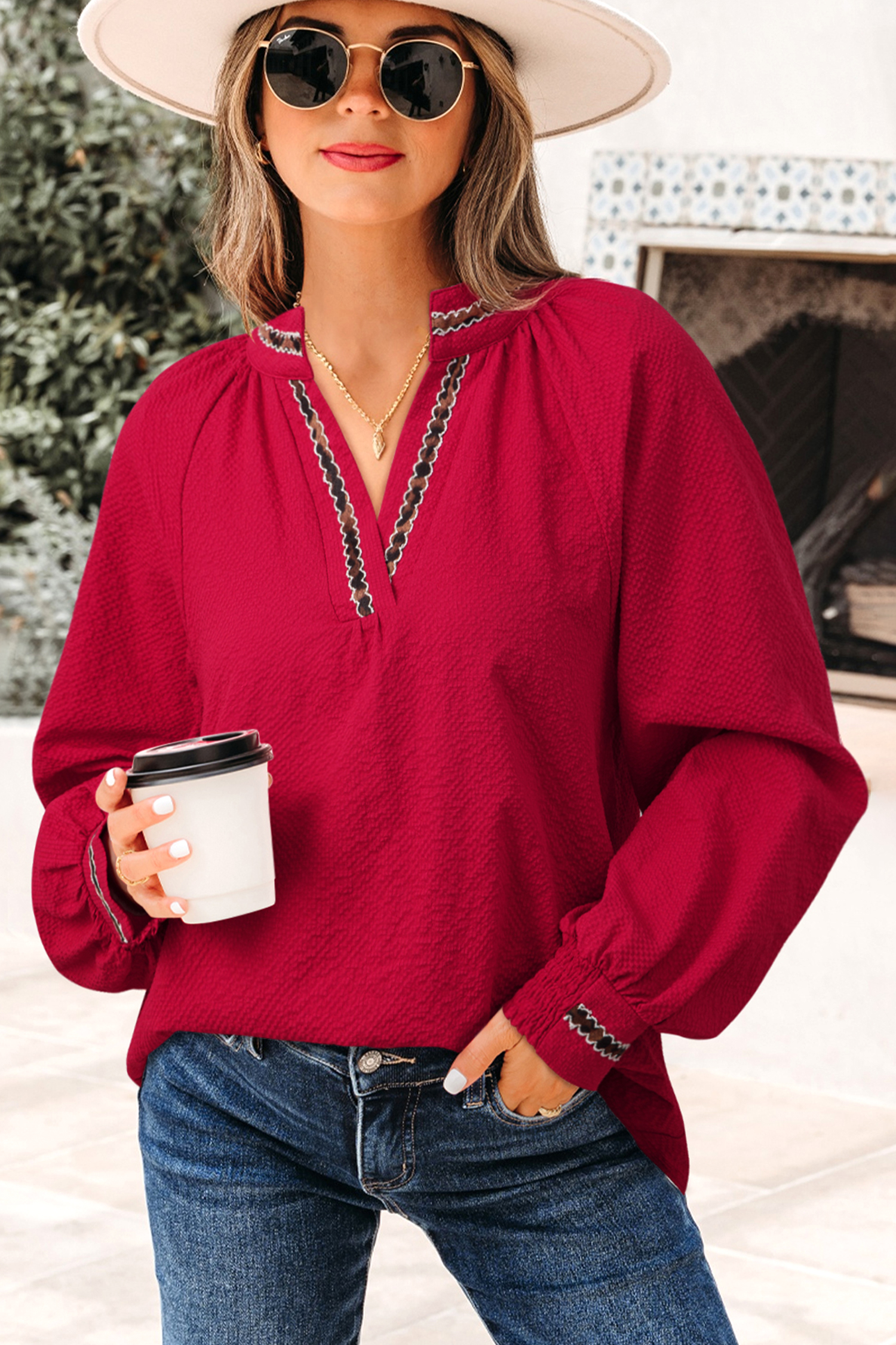 Racing Red Leopard Jacquard Print V Neck Textured Blouse - loveforevers