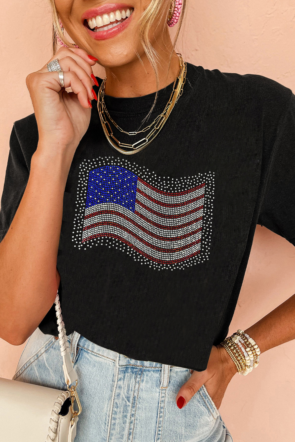 Black Rhinestone American Flag Casual Round Neck Tee - loveforevers