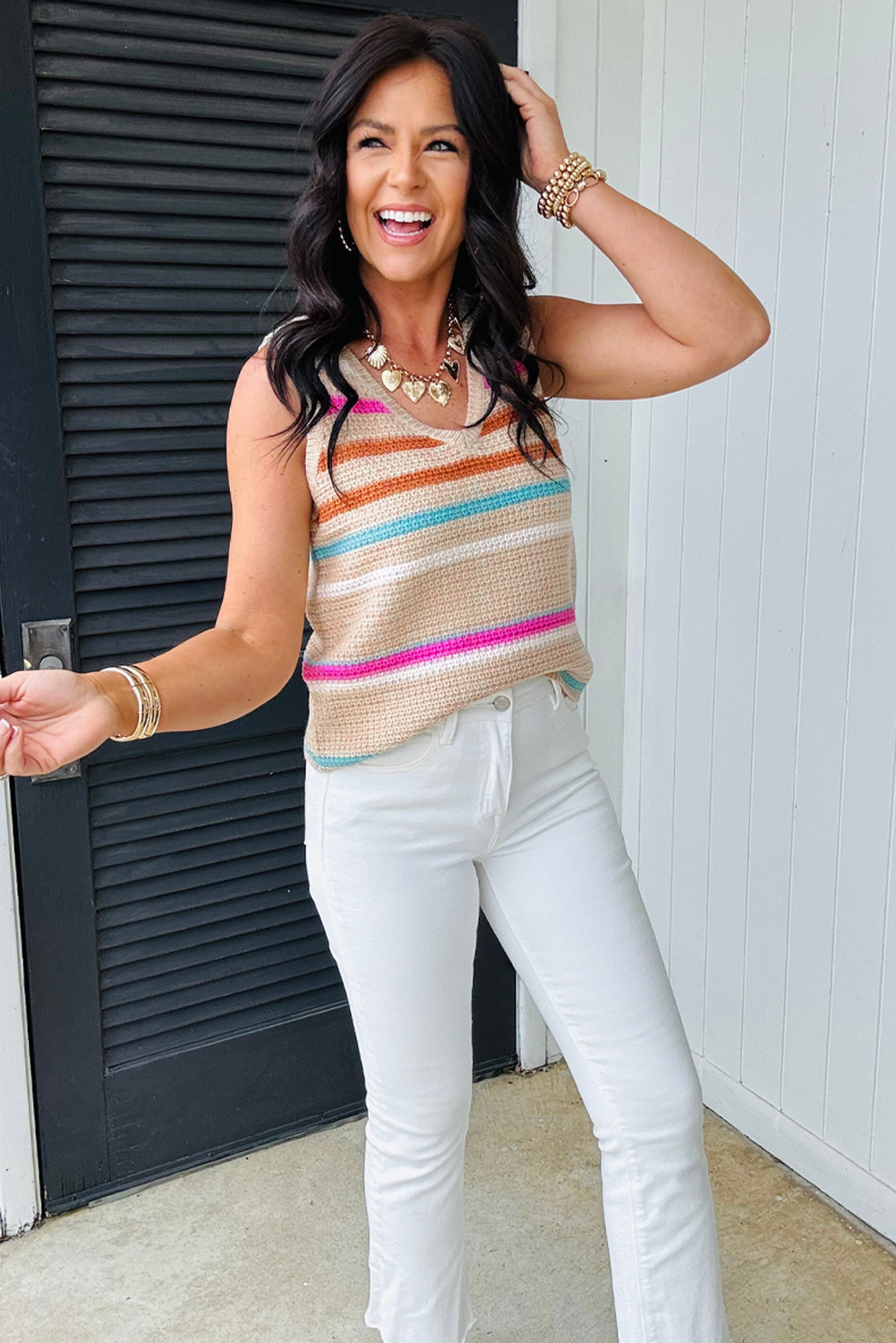 Khaki Stripe Textured Knit V Neck Sweater Vest - loveforevers