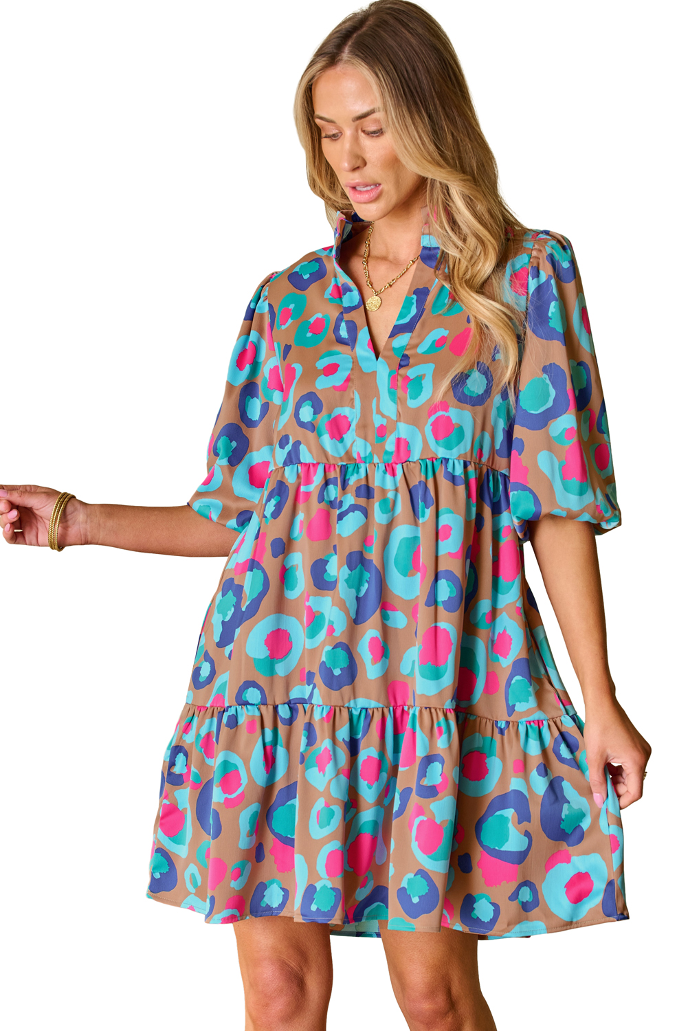 Green Leopard Print Bubble Sleeve Slit Neck Ruffled Dress - loveforevers