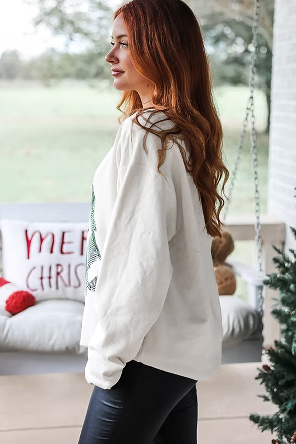 White Pearl Plaid Christmas Tree Patched Drop Shoulder Sweatshirt - loveforevers