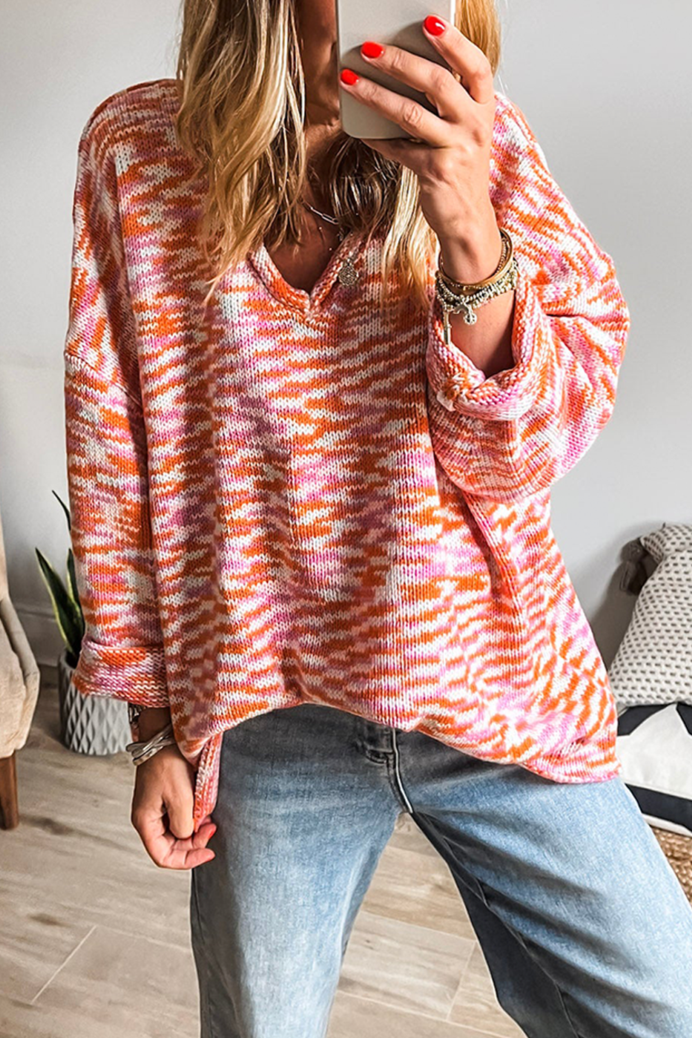 Orange Vibrant Abstract Print Drop Shoulder V Neck Tunic Oversized Sweater - loveforevers