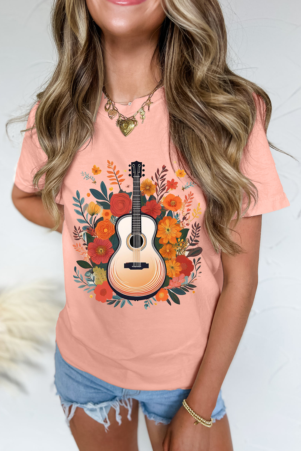 Pink Guitar Flower Print Crew Neck Loose T Shirt - loveforevers