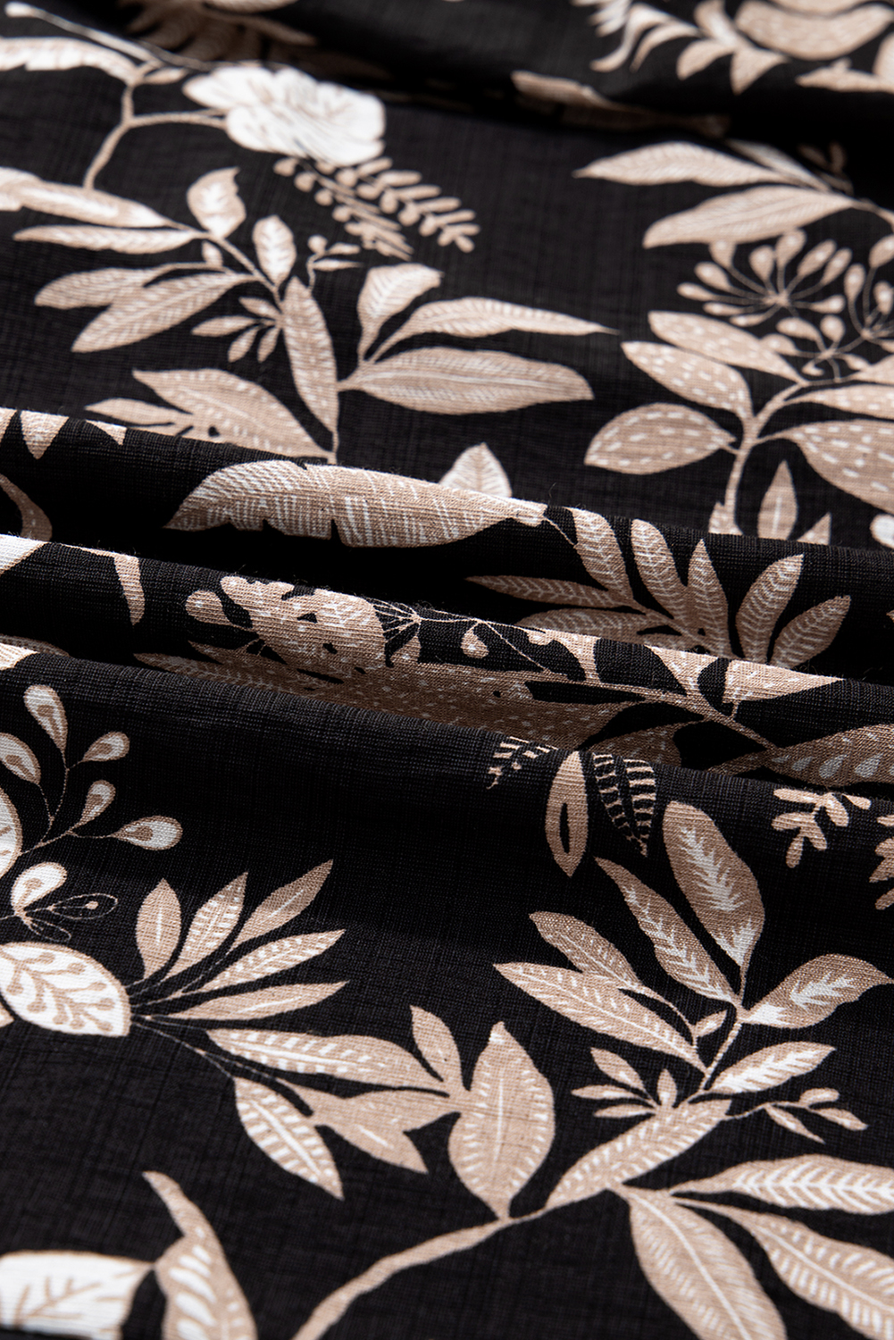 Black 3/4 Sleeve Botanical Print Split Neck Loose Mini Dress - loveforevers