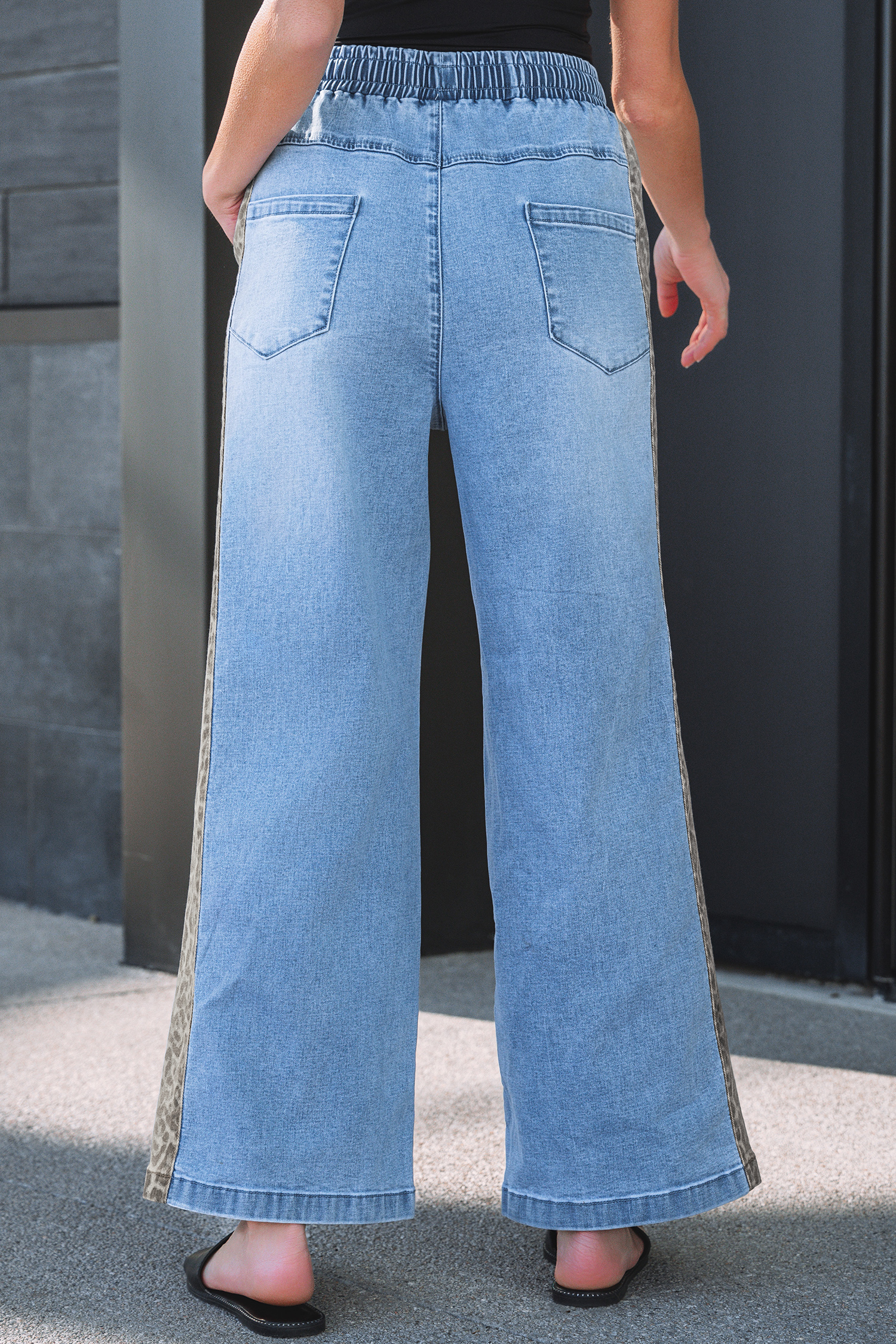 Beau Blue Drawstring Elastic Waist Leopard Striped Side Panel Wide Leg Jeans - loveforevers