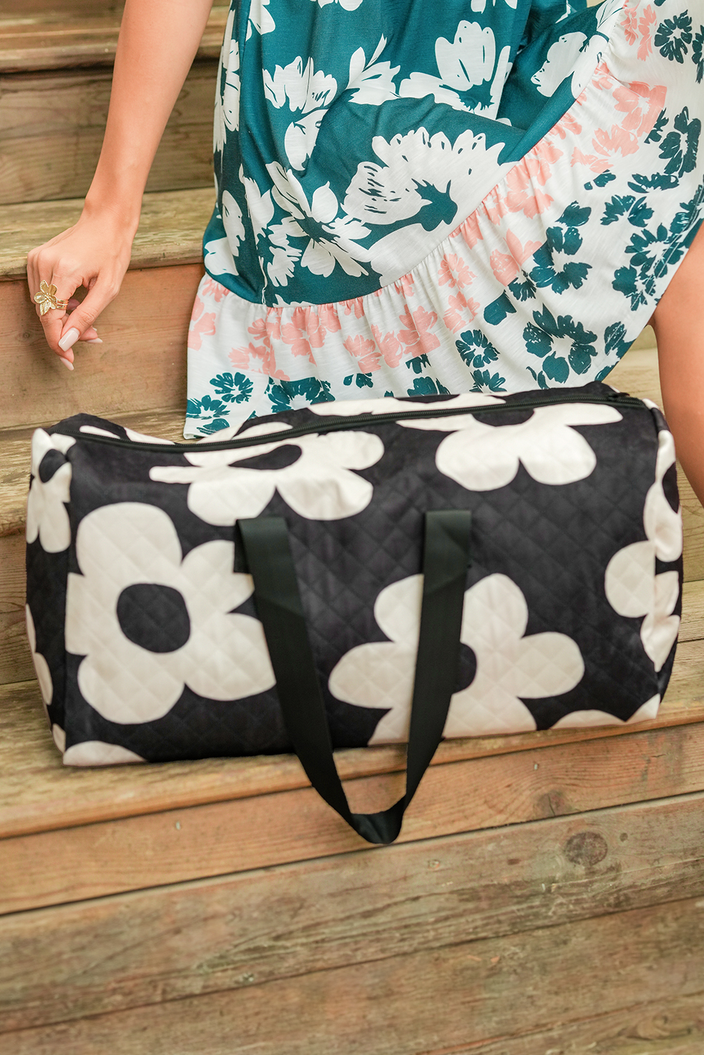 Black Flower Print Quilted Large Duffel Bag - loveforevers