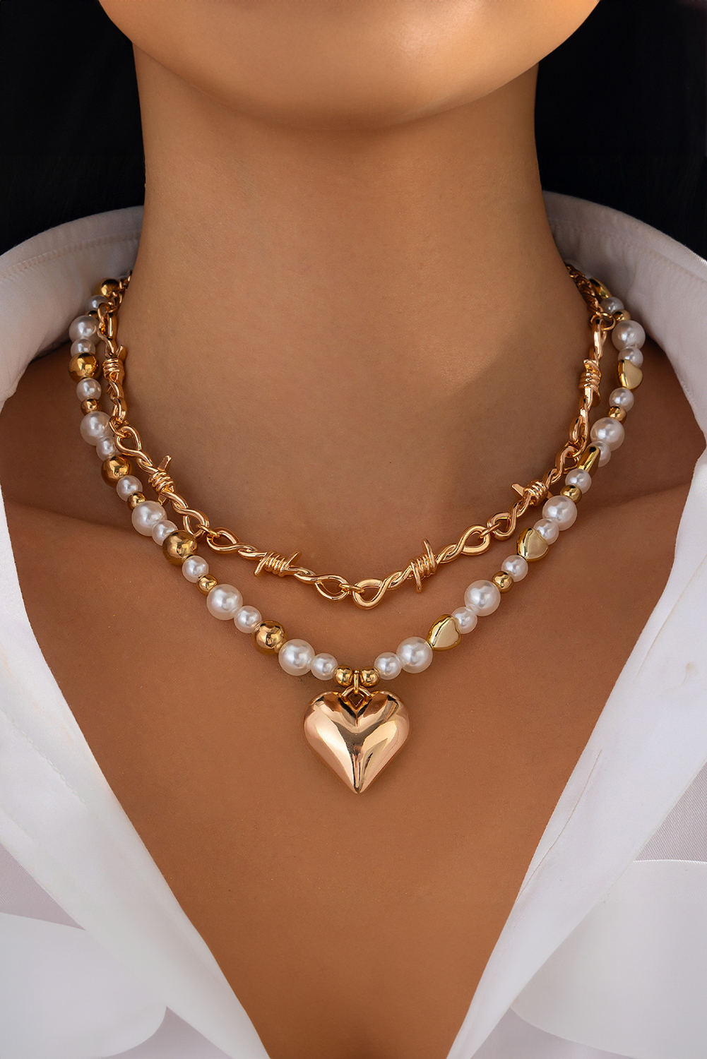 Gold 2pcs Alloy Plated Heart Pendant Pearl Necklace Set - loveforevers