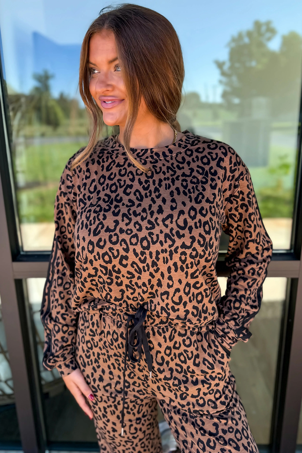 Brown Varsity Striped Trim Leopard Long Sleeve Top Drawstring Pant Set - loveforevers