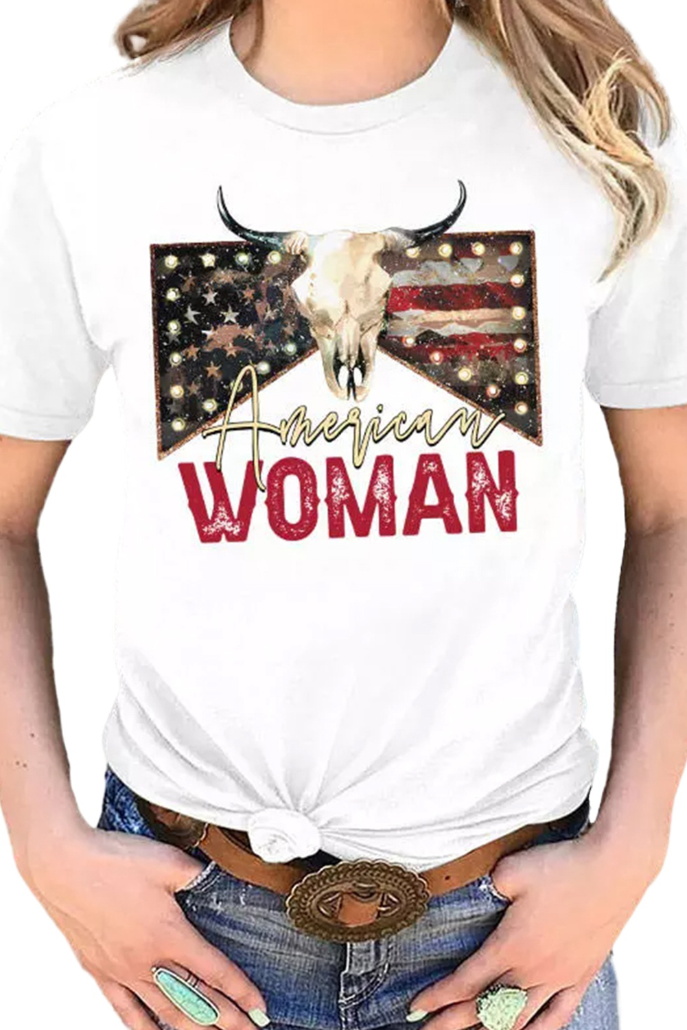 White American Woman Bull Skull Graphic T Shirt - loveforevers