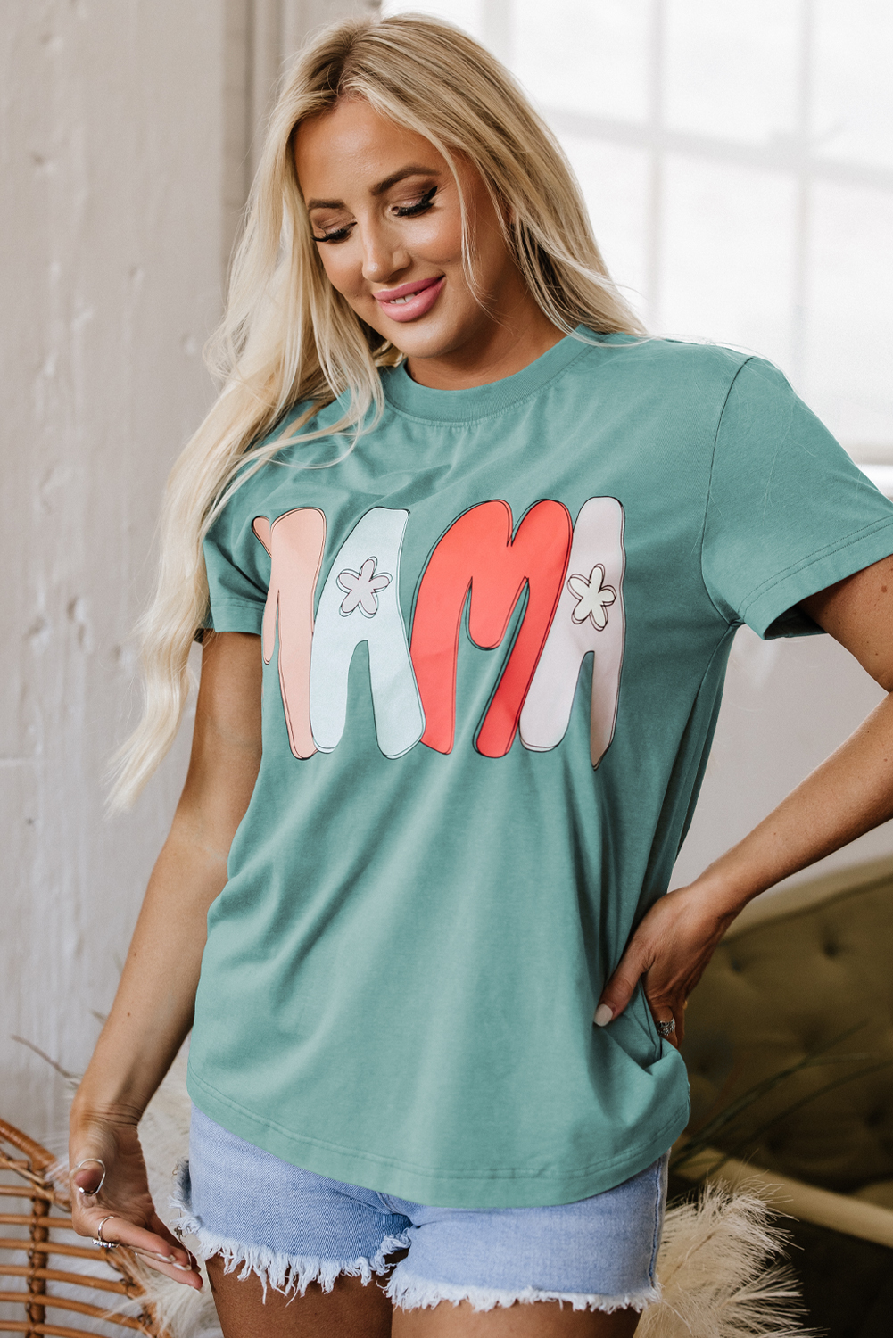 Sea Green MAMA Printed Mineral Wash Crewneck T Shirt - loveforevers