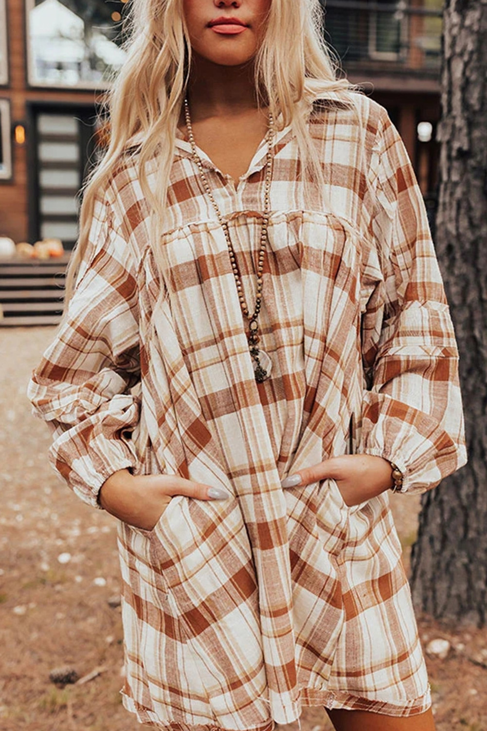 Brown Plaid Print Side Pockets Frilled Babydoll Mini Dress - loveforevers