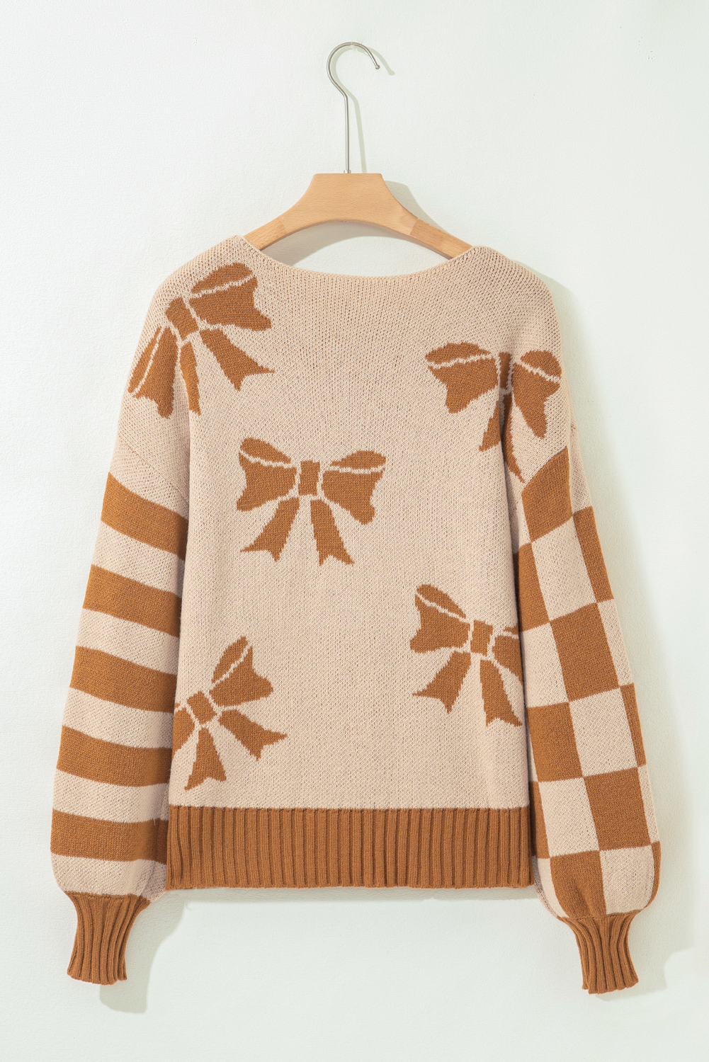 Straw Yellow Ribbon Bow Print Checkered Striped Sleeve Drop Shoulder Sweater - loveforevers