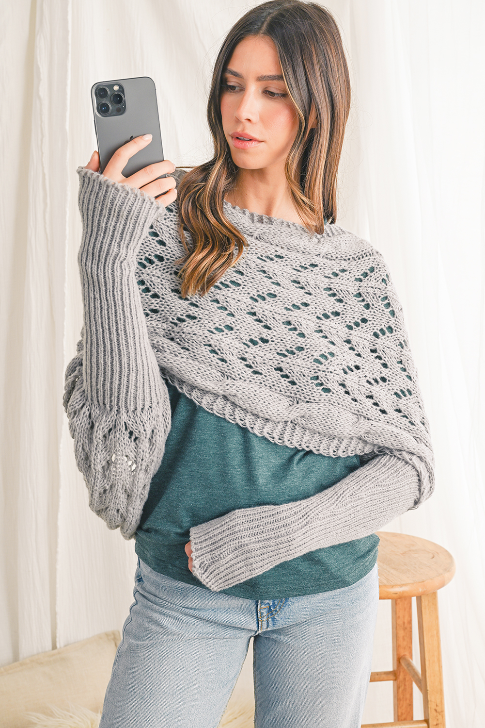 Gray Cross Detail Hollowed Knit Scarf with Sleeves - loveforevers