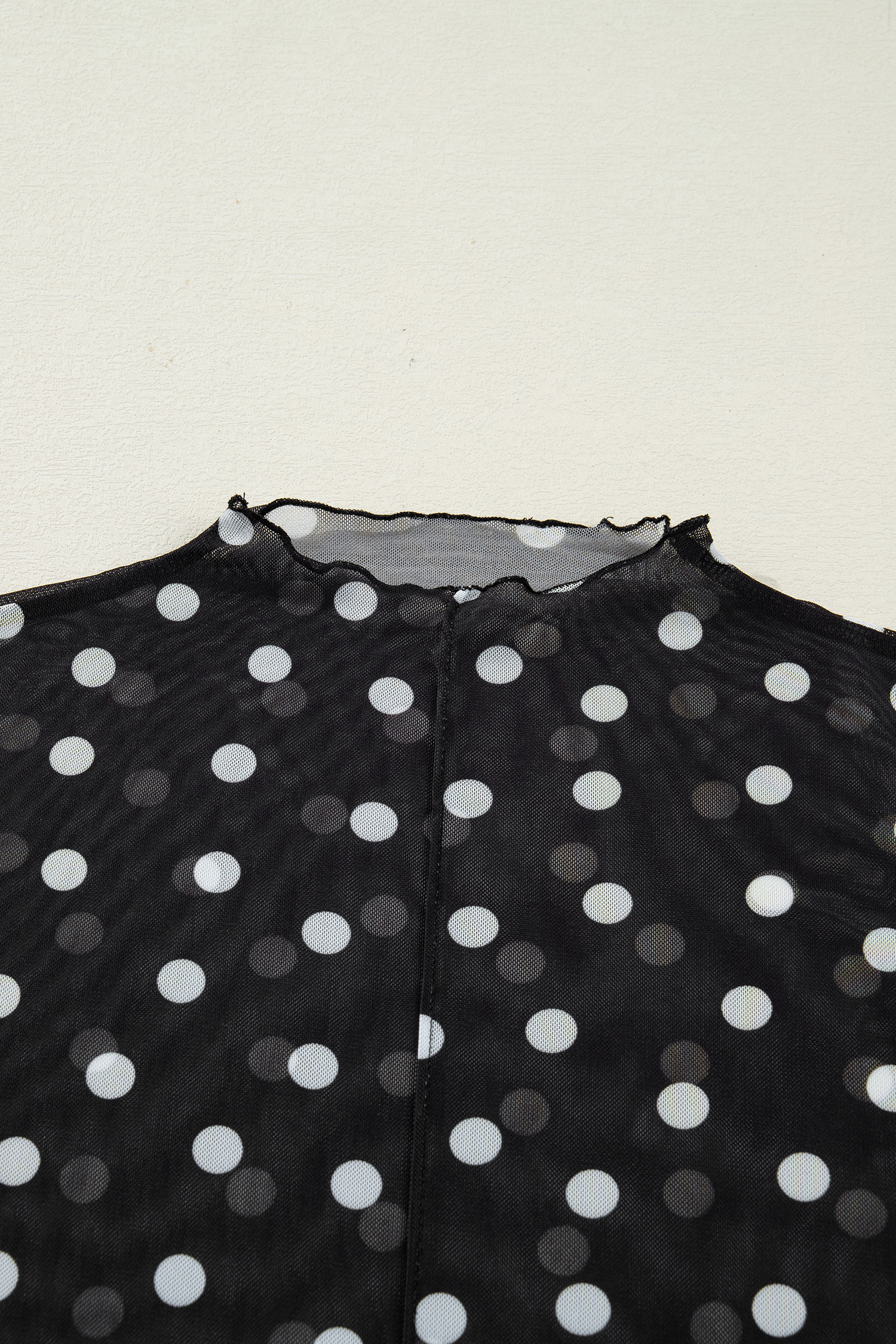 Black Polka Dot Patterned Bodycon Mock Neck Mesh Long Sleeve Top - loveforevers