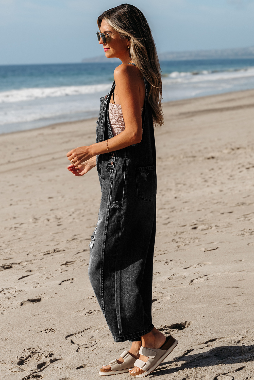 Stone Blue Distressed Bib Pocket Wide Leg Denim Overall - loveforevers