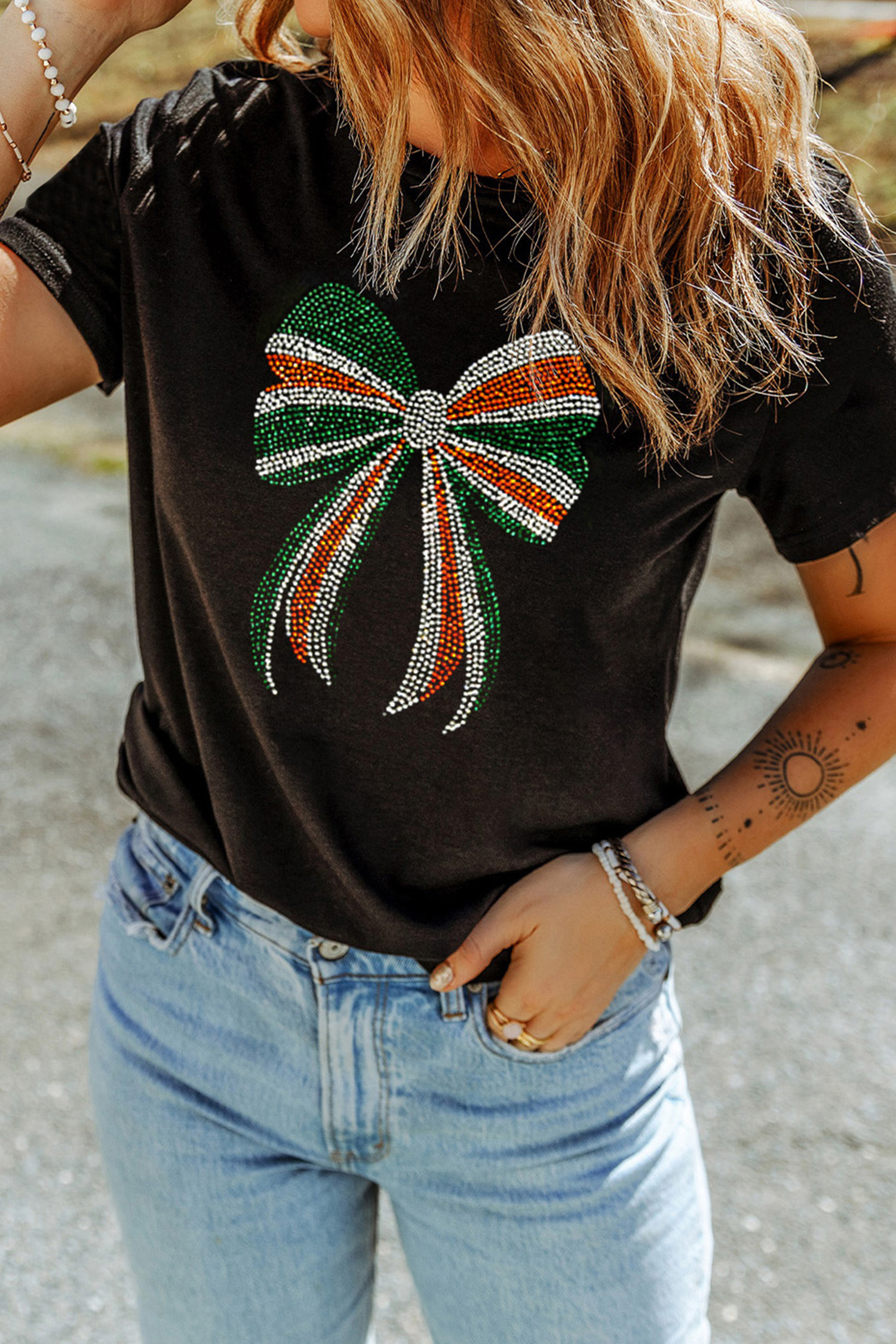 Black St Patricks Day Rhinestone Bow Casual Tee - loveforevers
