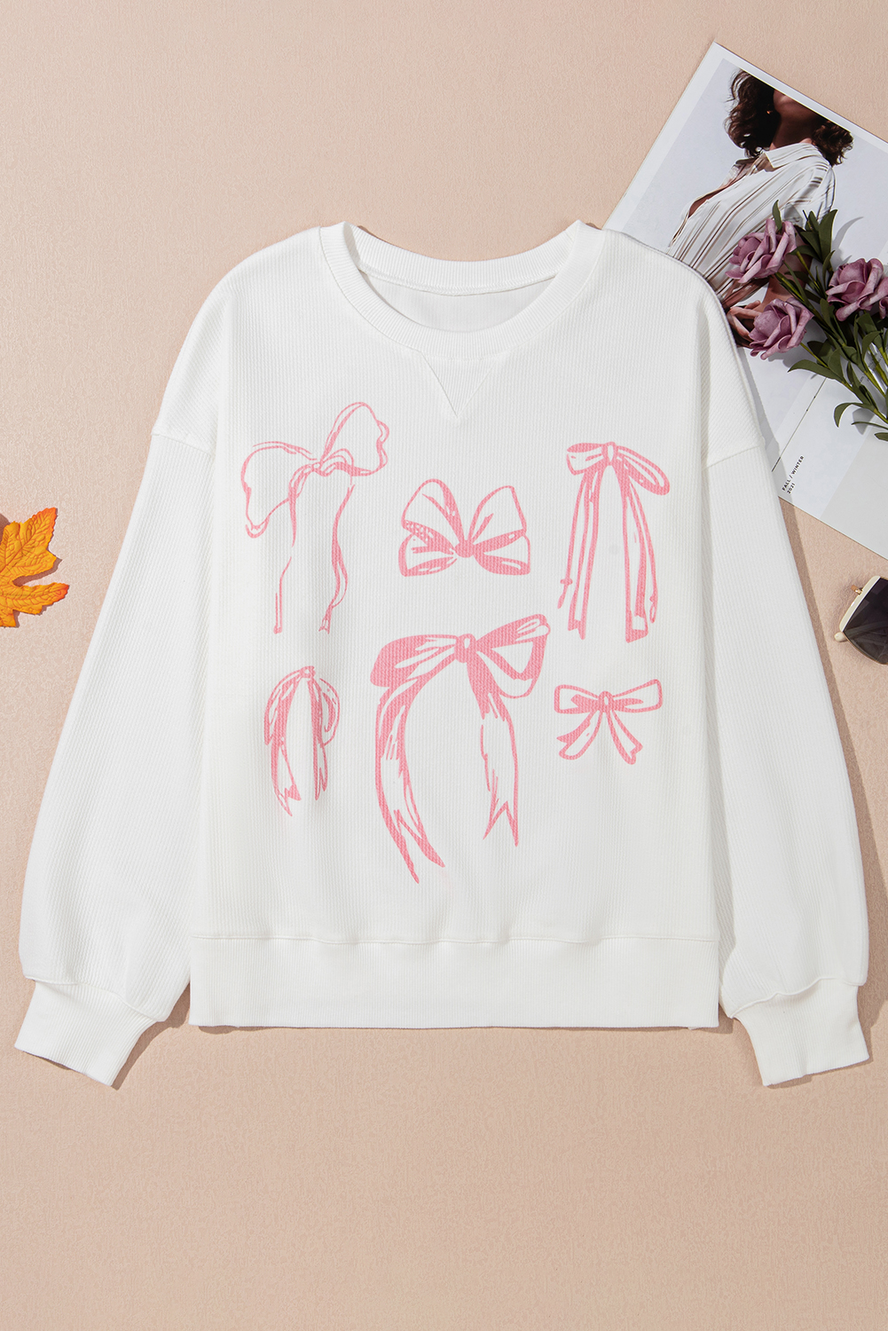 White Bowknot Pattern Corded Long Sleeve Drop Shoulder Top - loveforevers