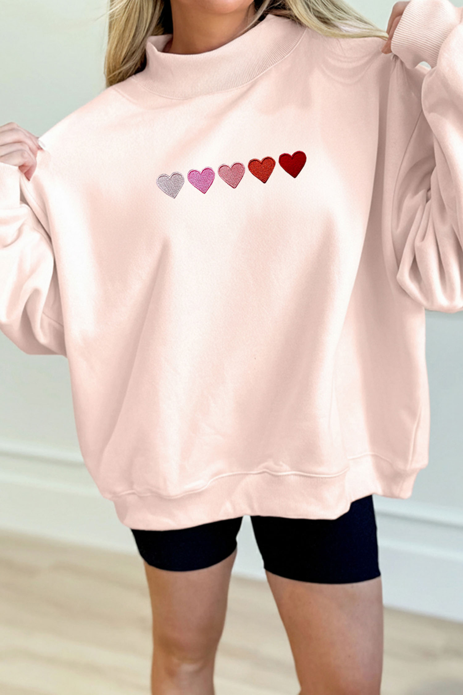 Apricot Pink A Line of Embroidered Hearts Graphic Mock Neck Sweatshirt - loveforevers