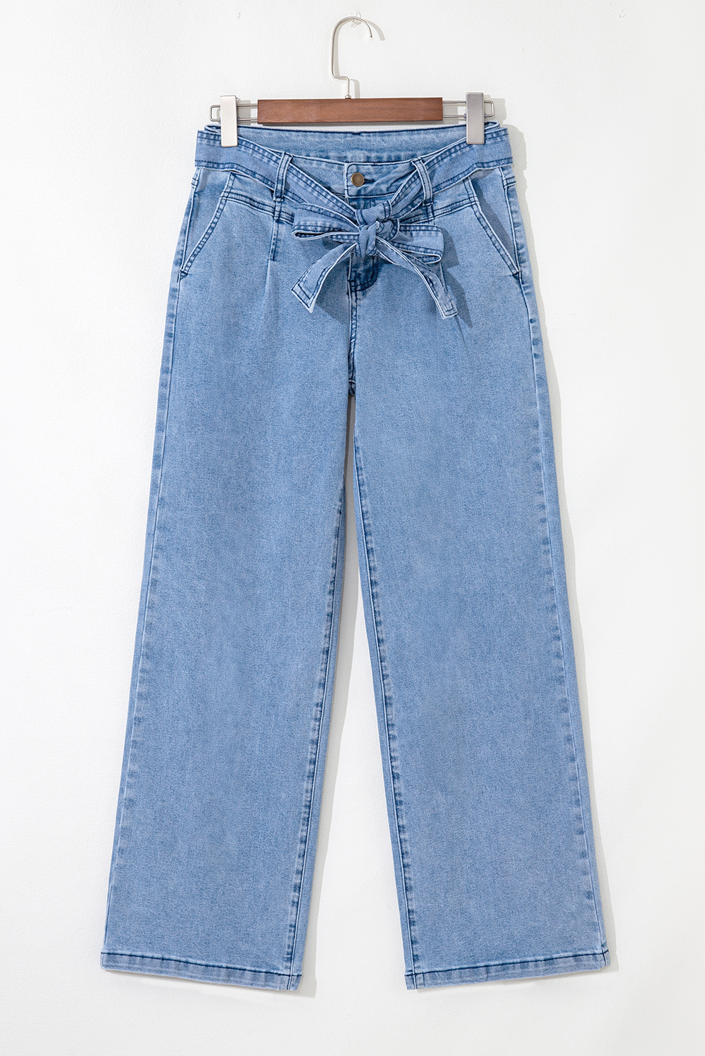 Beau Blue Western Washed Bow Knot Sash Wide Leg Jeans - loveforevers