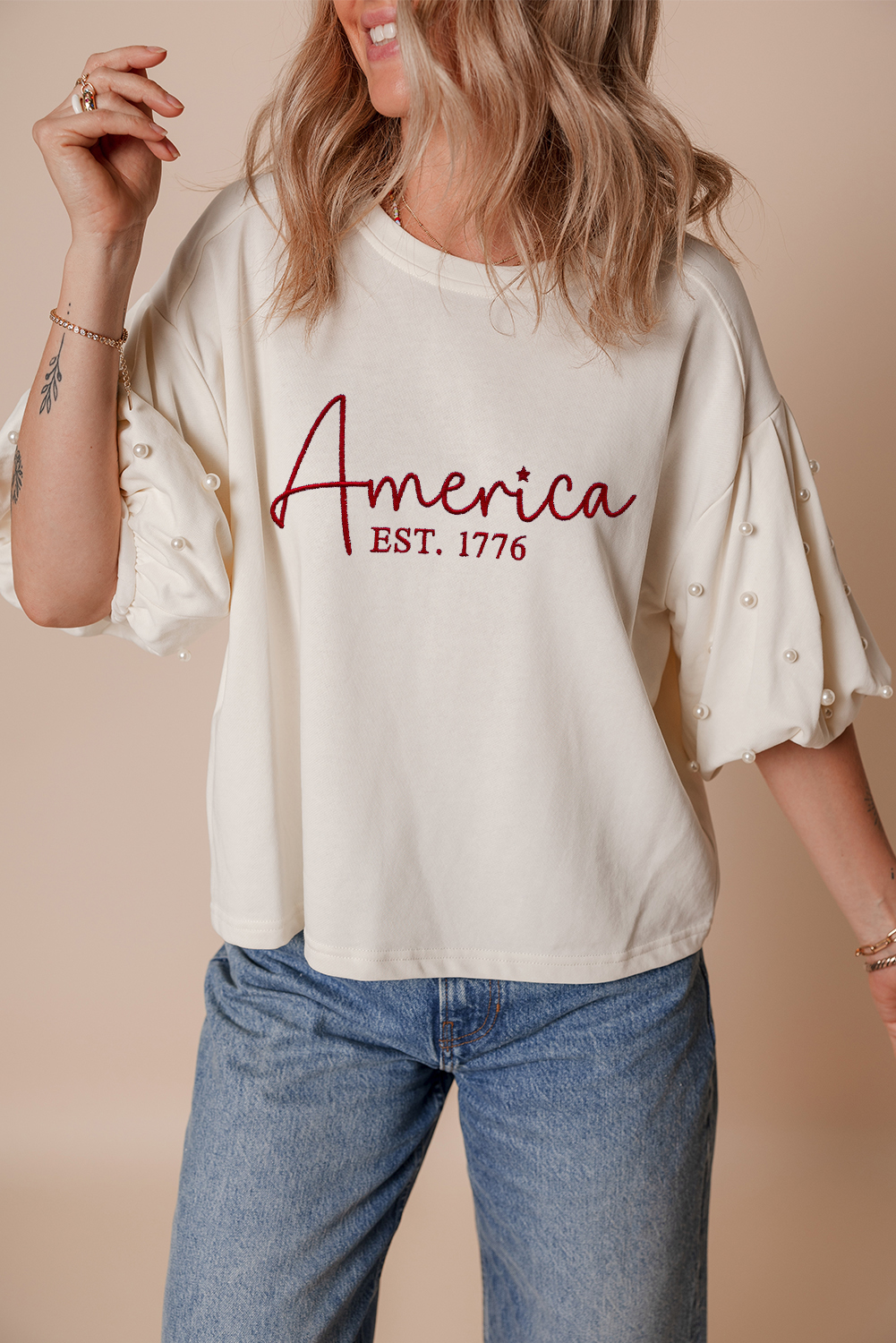 White America EST 1776 Embroidered Pearl Beaded Sleeve T Shirt - loveforevers
