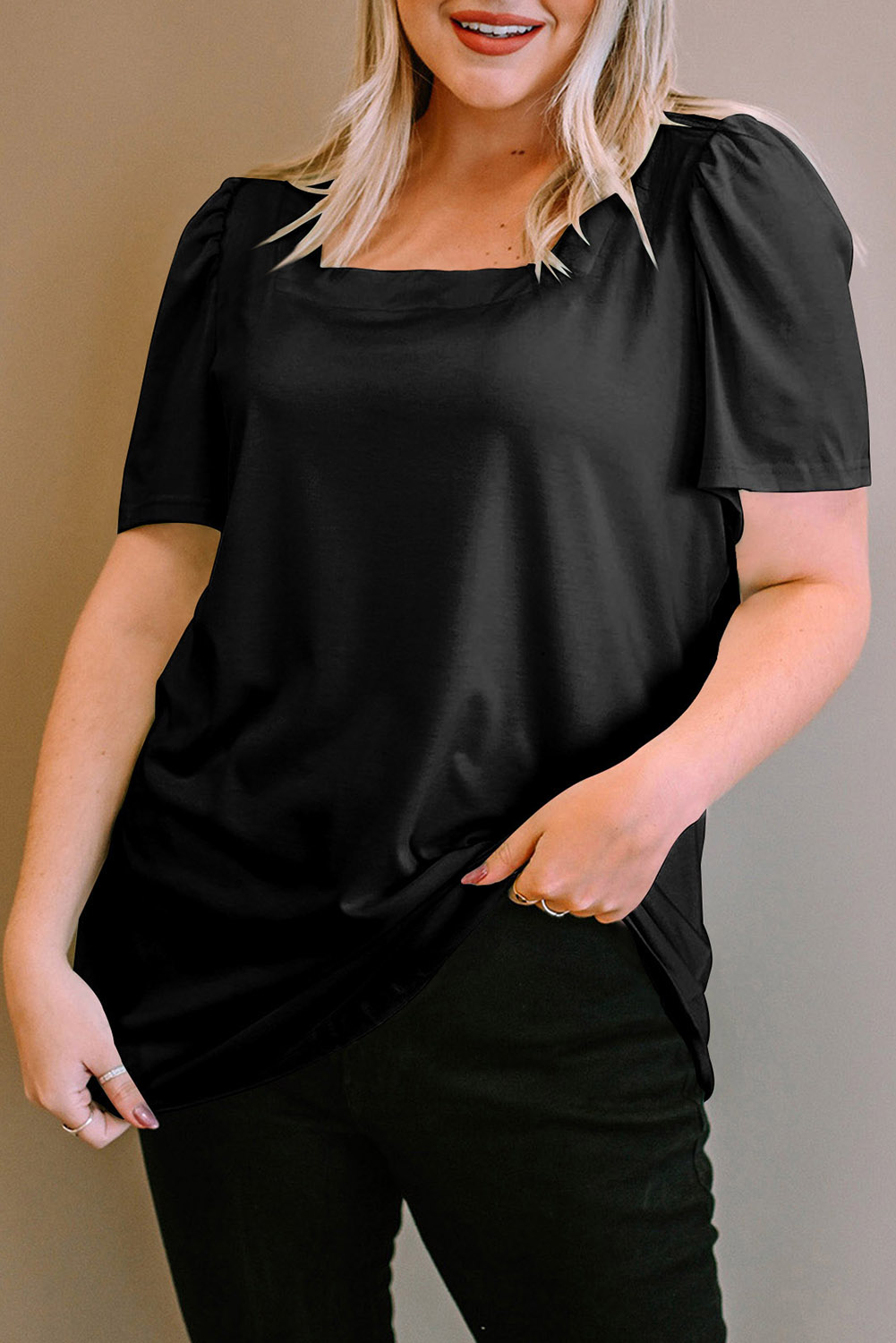 Black Plus Size Square Neck Ruched Shoulder Short Sleeve Top - loveforevers