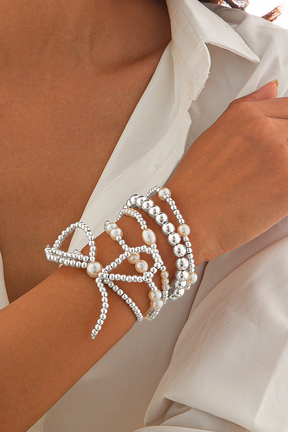 Silvery Bow Knot Pearl Beaded Multi Layered Bracelet Set - loveforevers