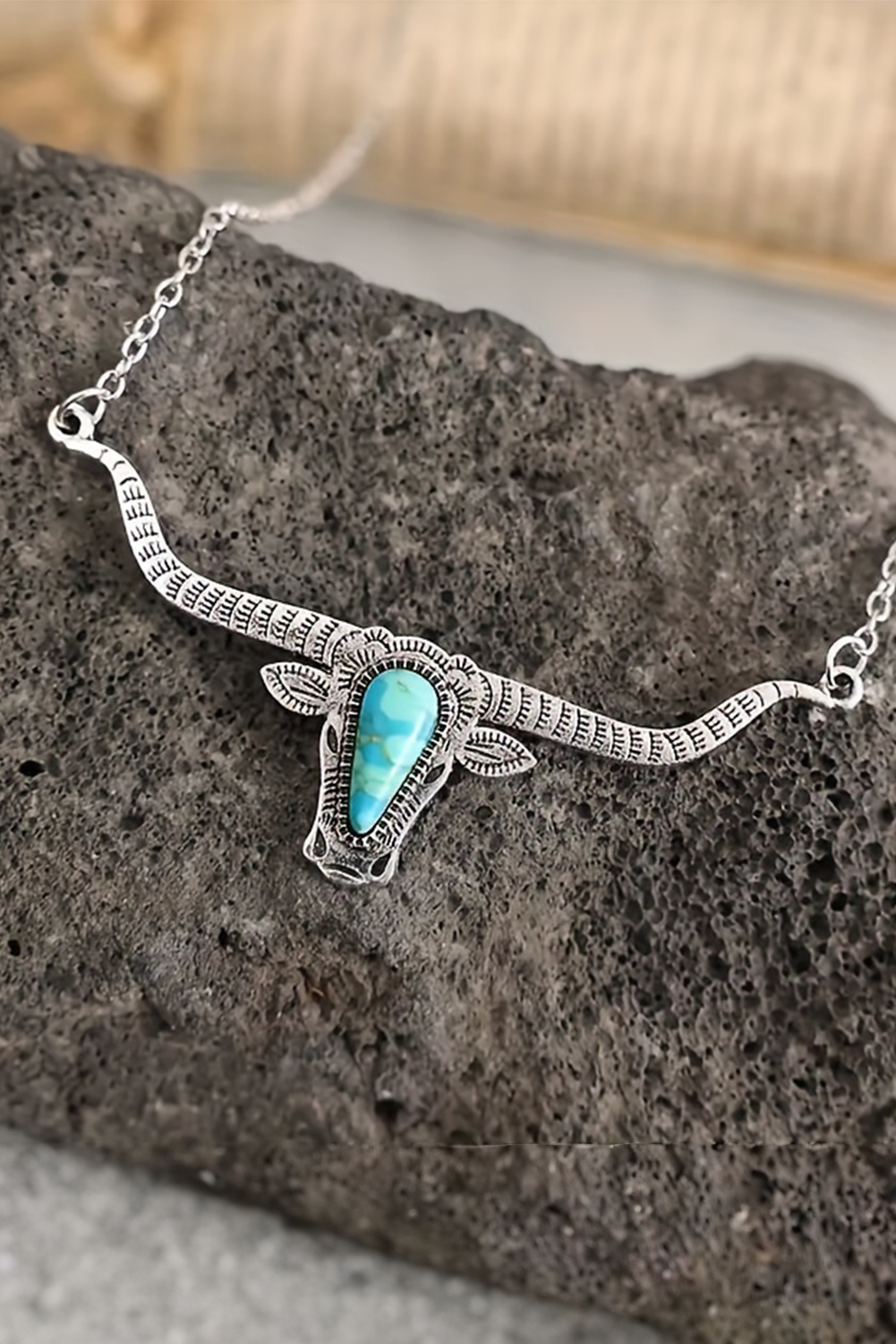 Light Blue Turquoise Steer Head Pendant Chain Necklace - loveforevers