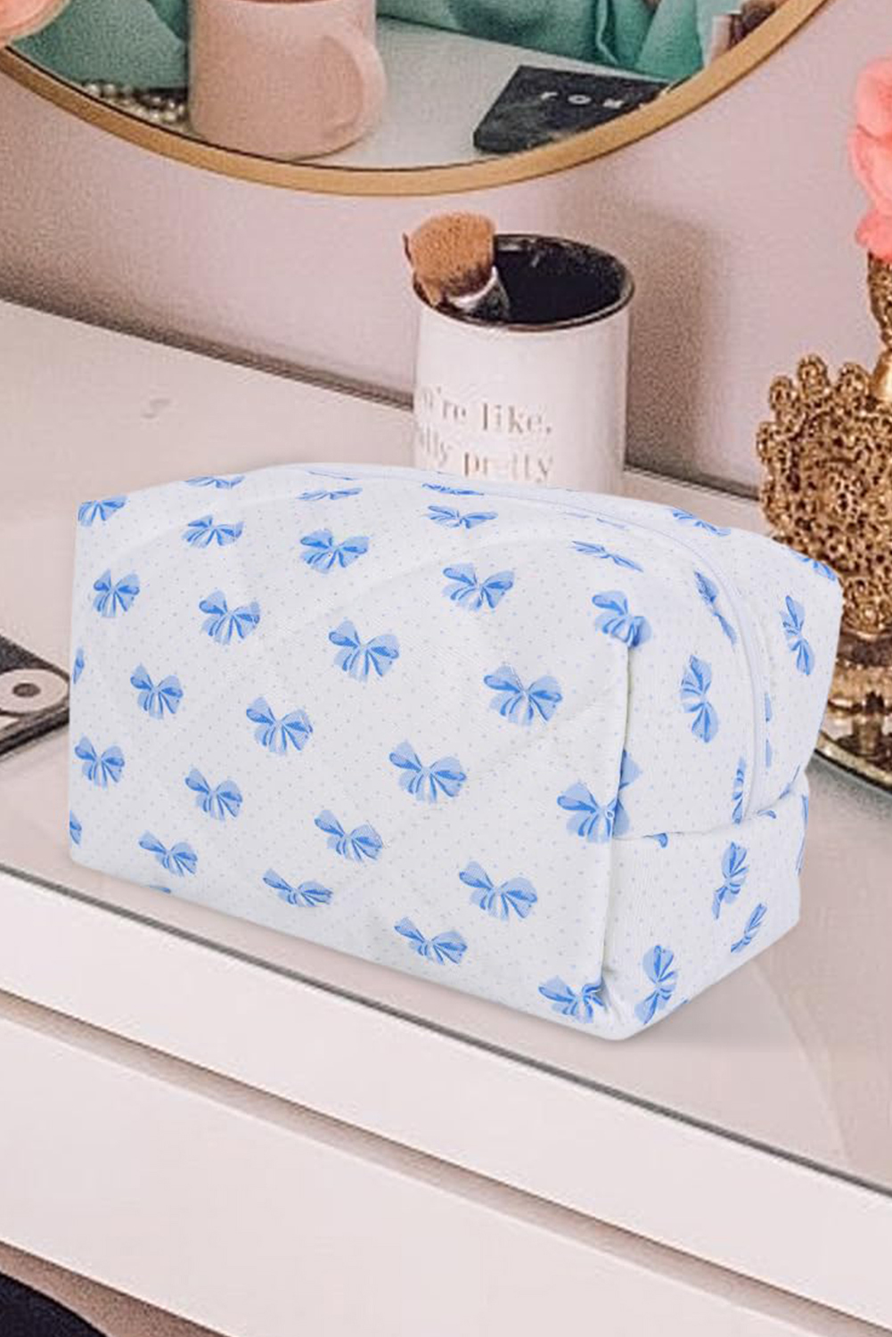 Sky Blue Bow Knot Quilted Zipper Makeup Bag - loveforevers