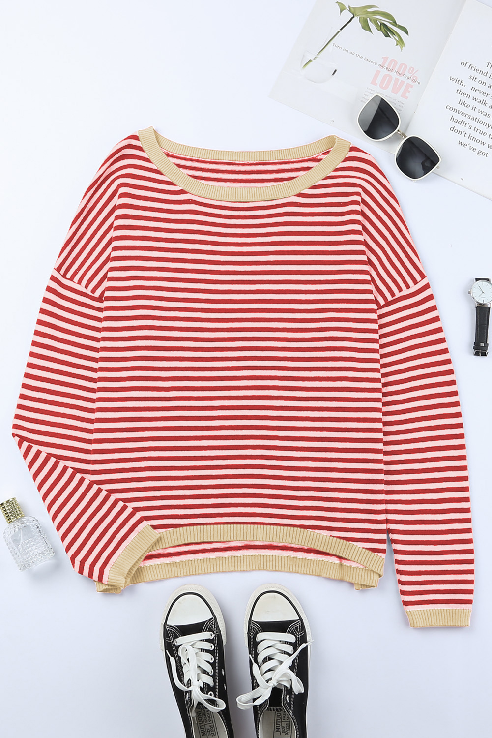 Fiery Red Striped Contrast Trimmed Drop Shoulder Sweater - loveforevers
