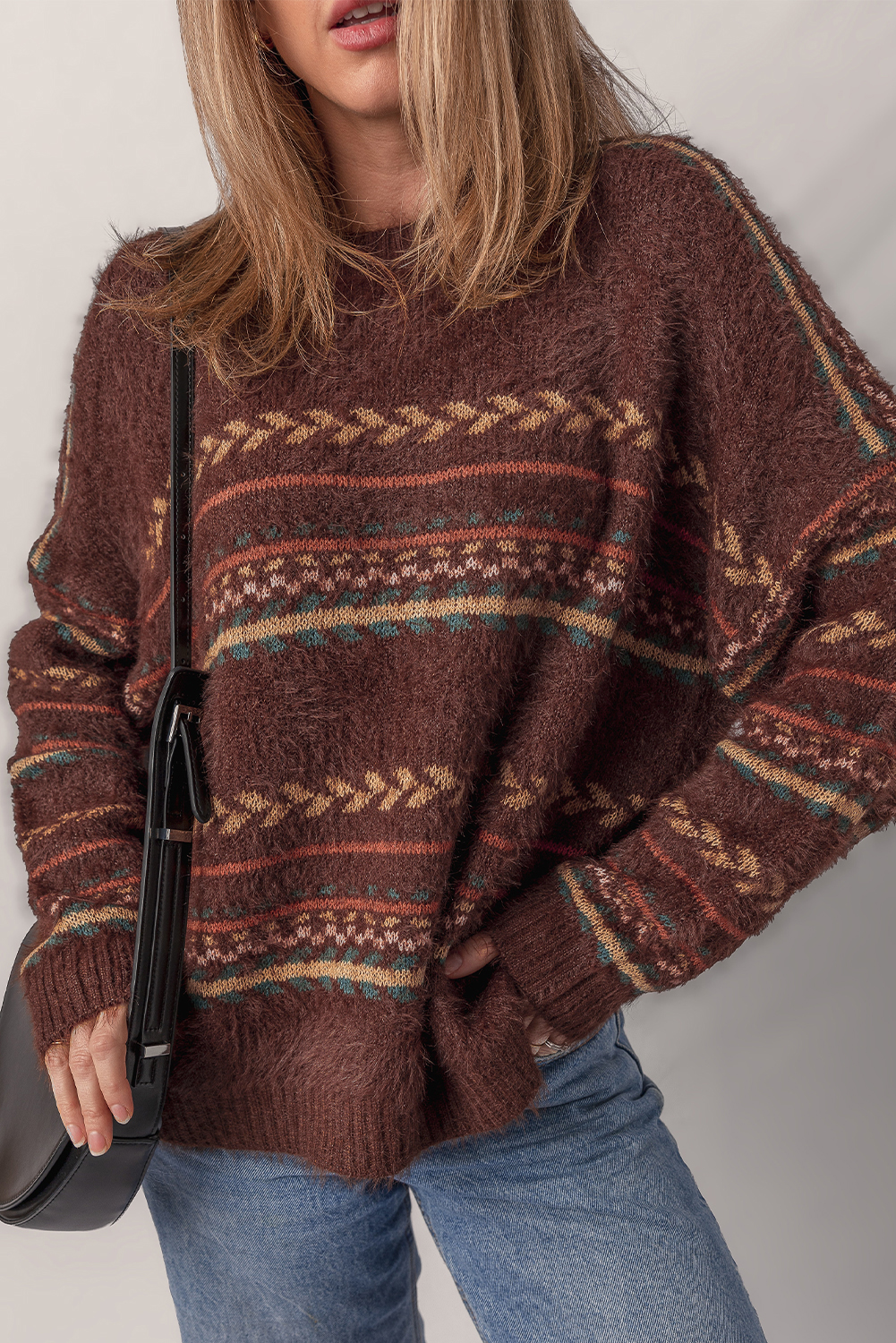 Brown Ethnic Pattern Mohair Knitted Drop Shoulder Sweater - loveforevers