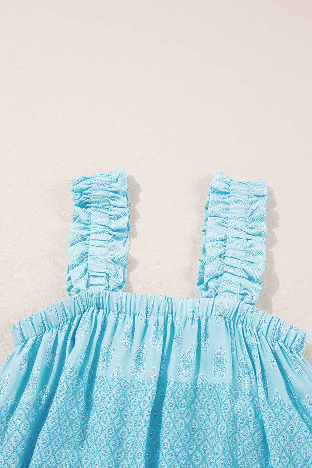 Sky Blue Tribal Pattern Print Ruffled Wide Straps Loose Tank Top - loveforevers