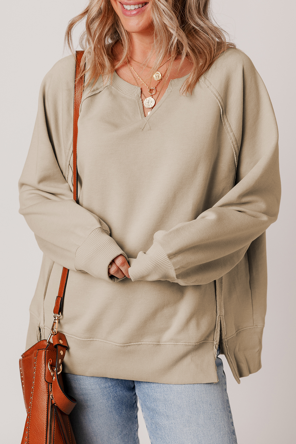 Parchment Raw Edge Exposed Seam Raglan Sleeve Side Slit Sweatshirt - loveforevers