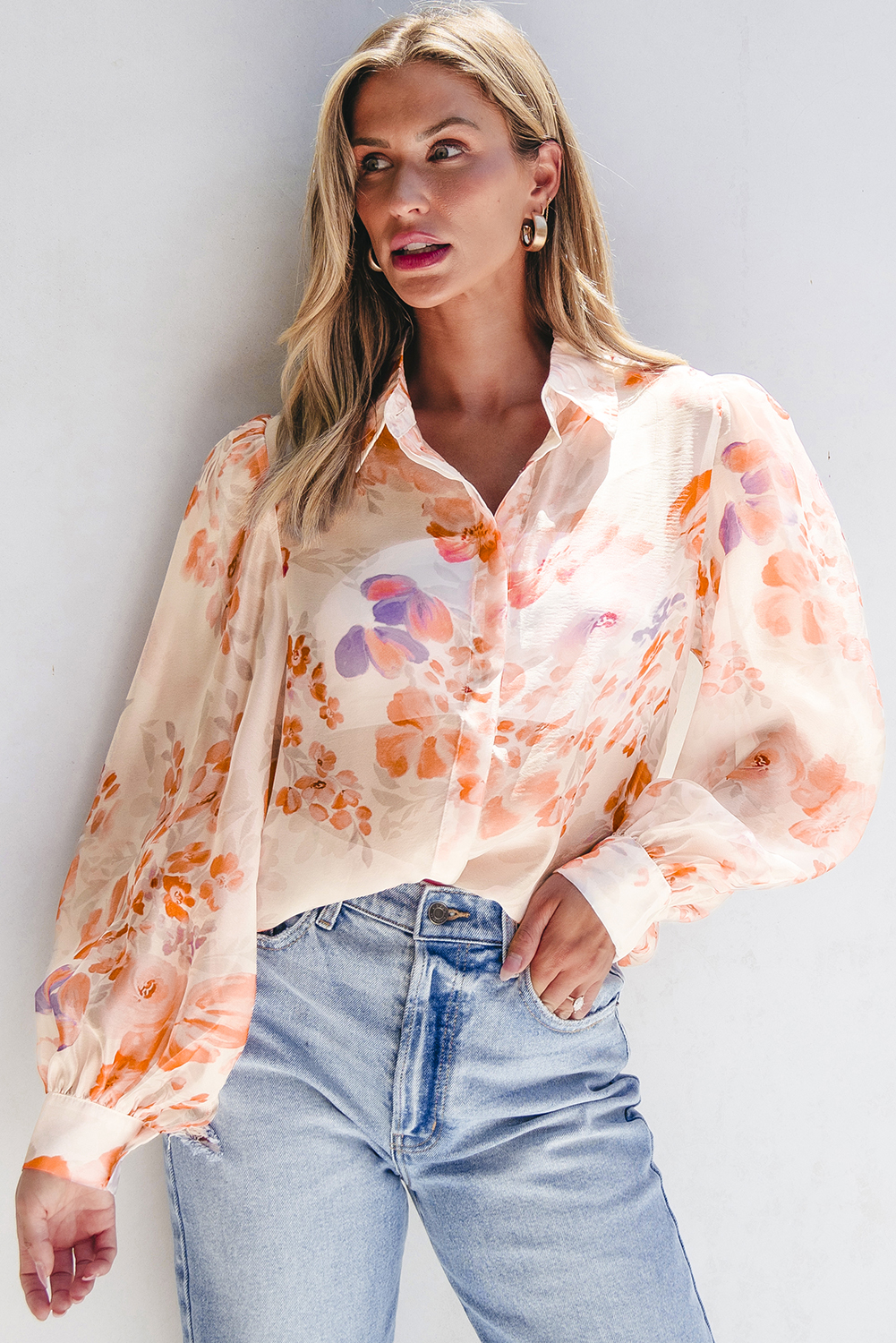 White Floral Print Collared Balloon Sleeve Loose Shirt - loveforevers