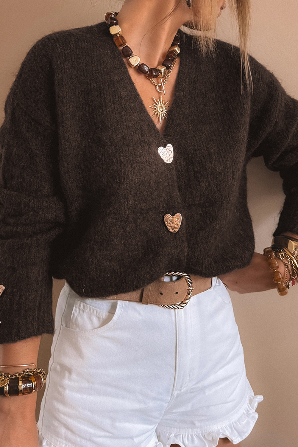 Fiery Red Heart Metal Button V Neck Cardigan Sweater - loveforevers