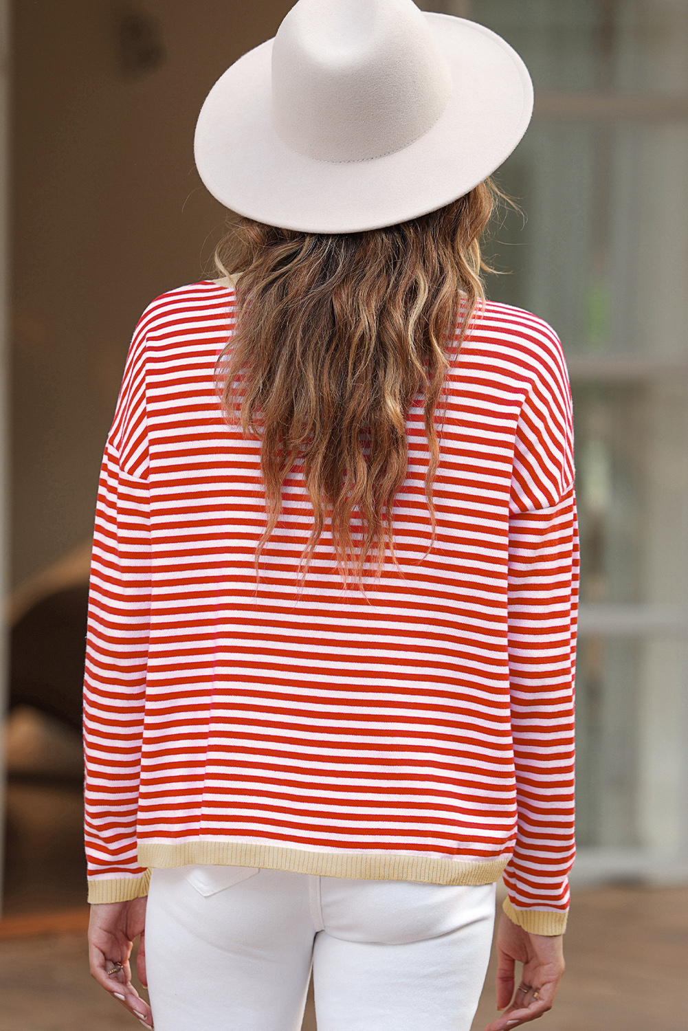 Fiery Red Striped Contrast Trimmed Drop Shoulder Sweater - loveforevers