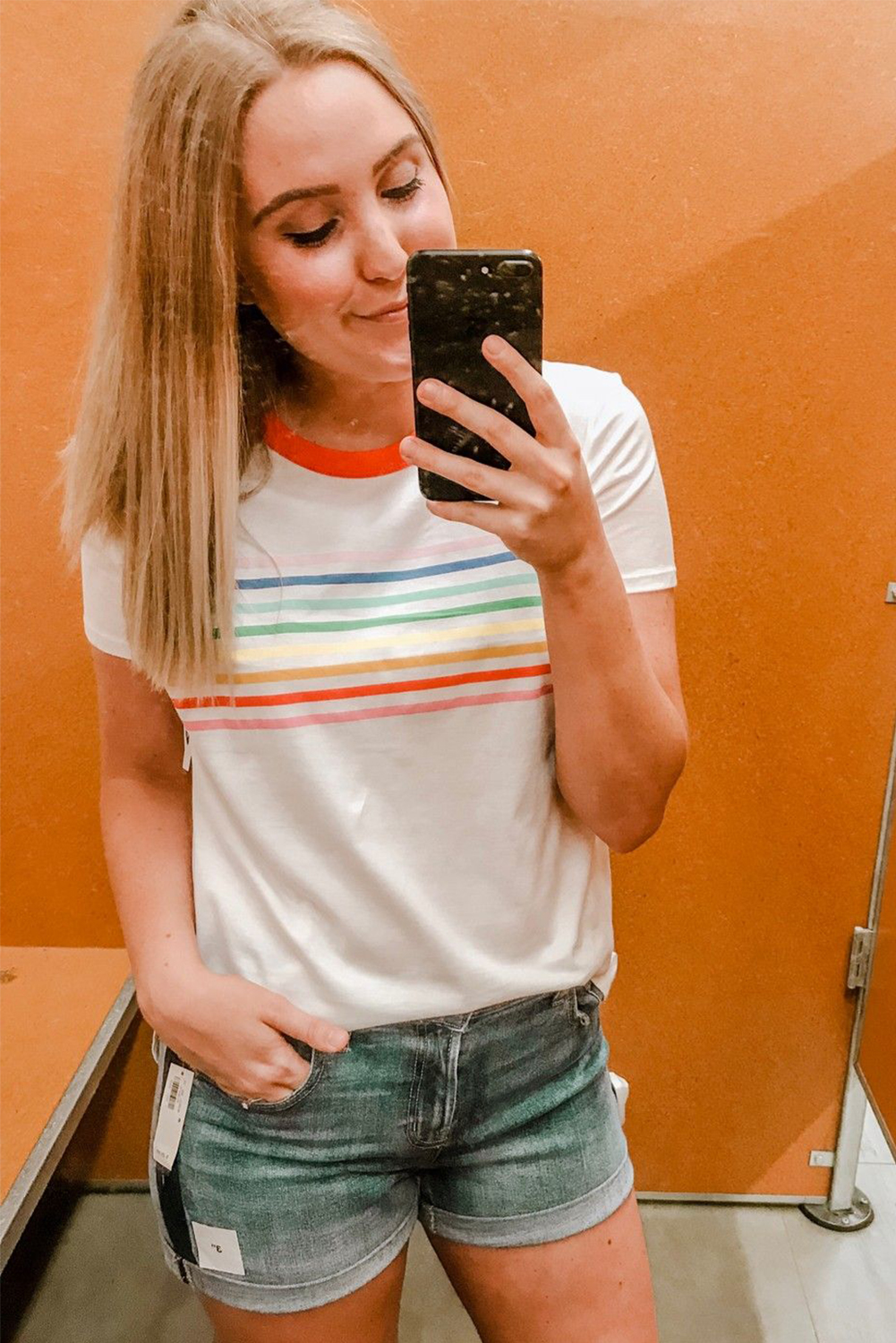 White Rainbow Stripe Print Contrast Crewneck T Shirt - loveforevers