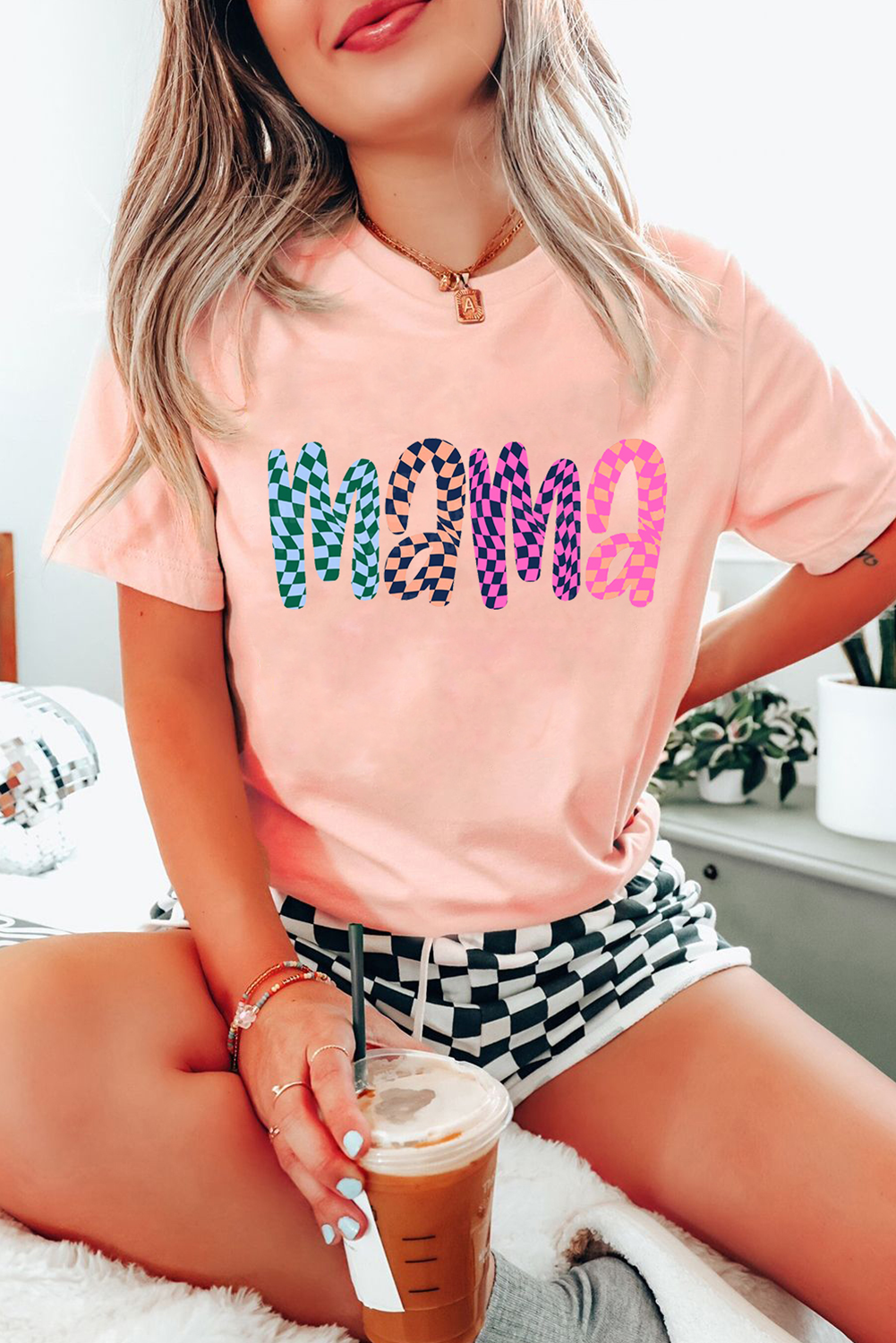 Pink Checkerboard mama Printed Crew Neck Tee - loveforevers