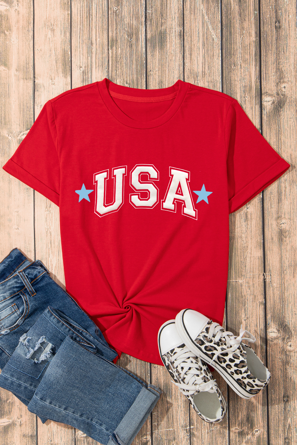 Red Star USA Print Crewneck Patriotic T Shirt - loveforevers