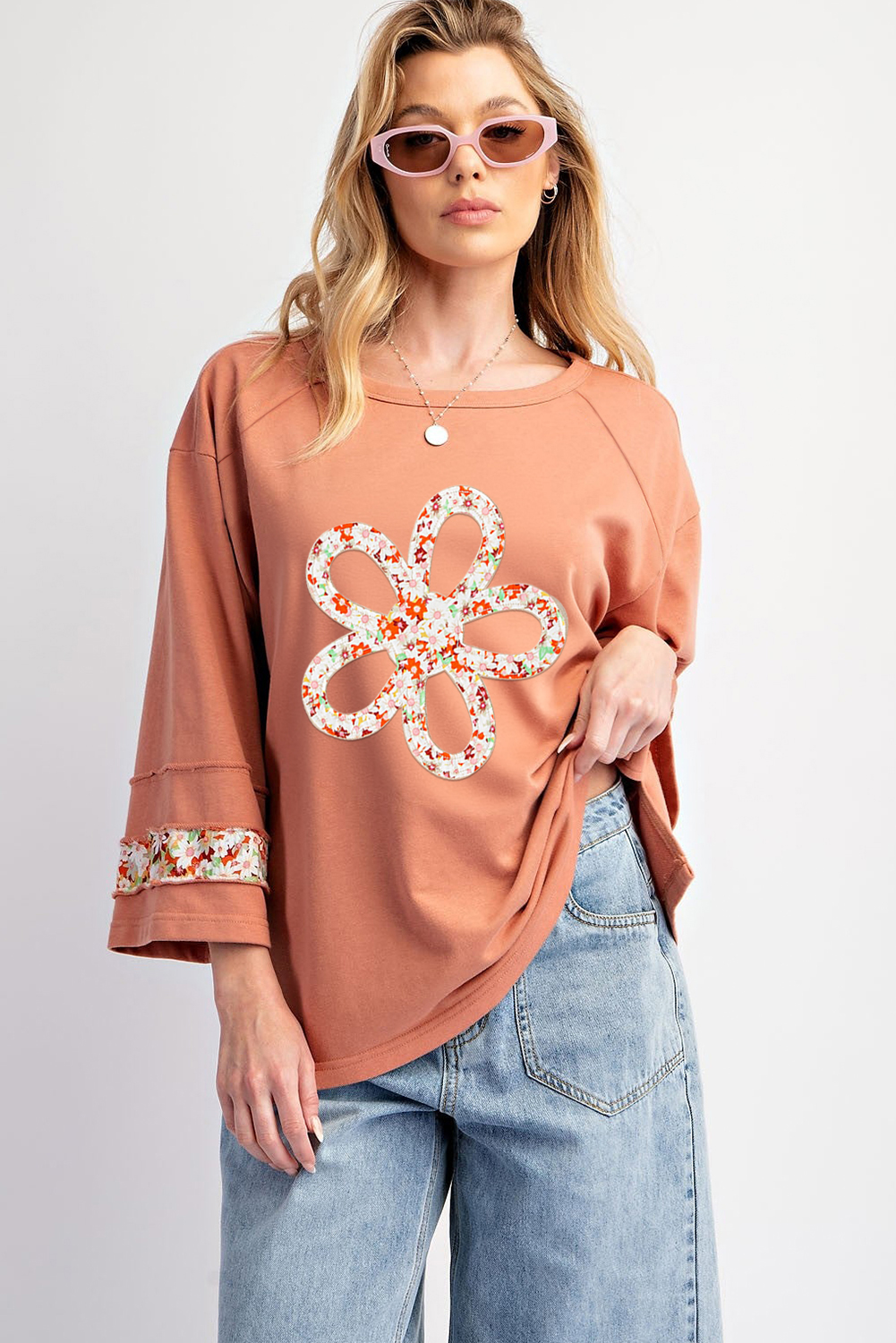 Beige Flower Patch Graphic Exposed Seam Wide Sleeve Top - loveforevers