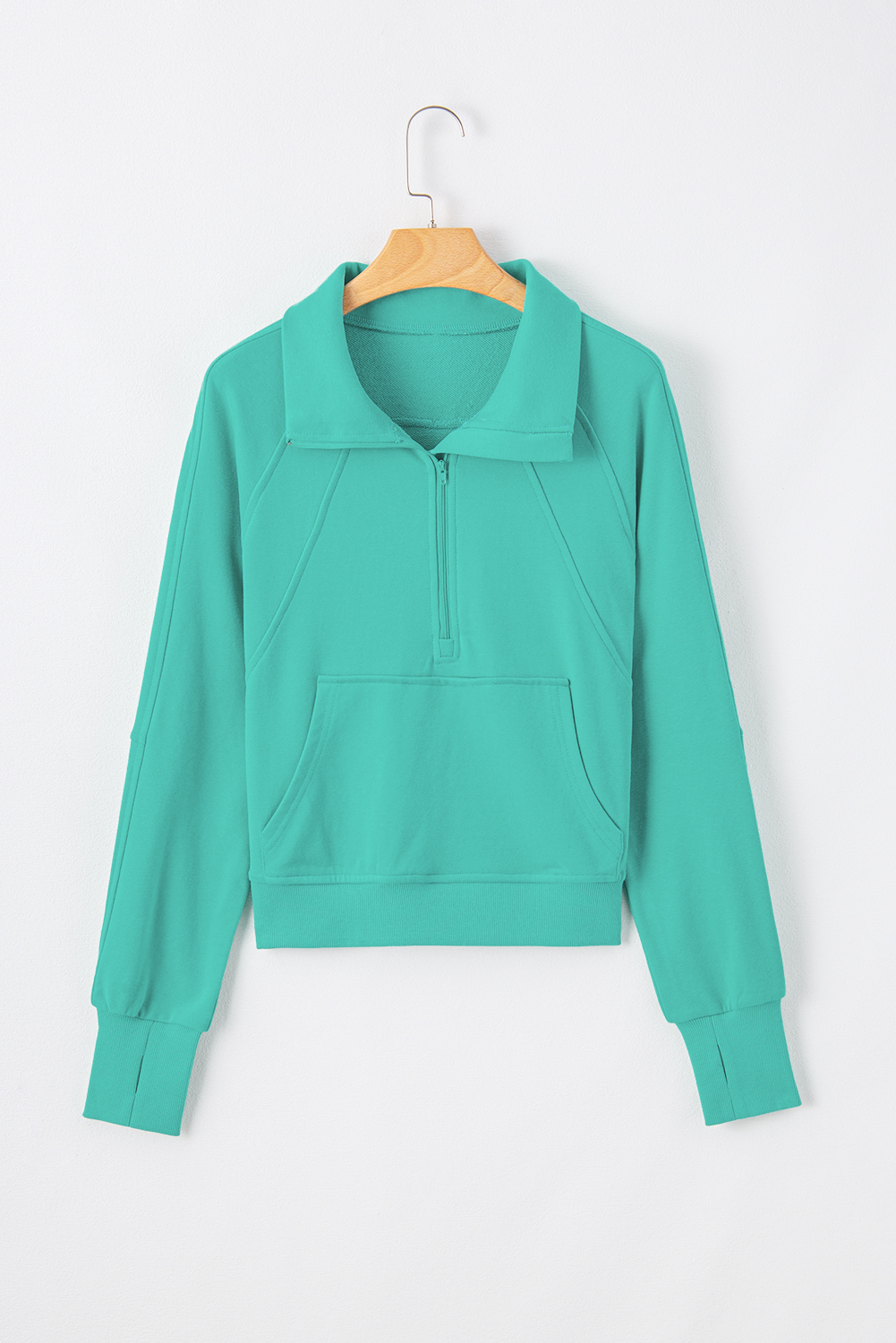 Aruba Blue Quarter Zip Stand Neck Kangaroo Pocket Sweatshirt - loveforevers