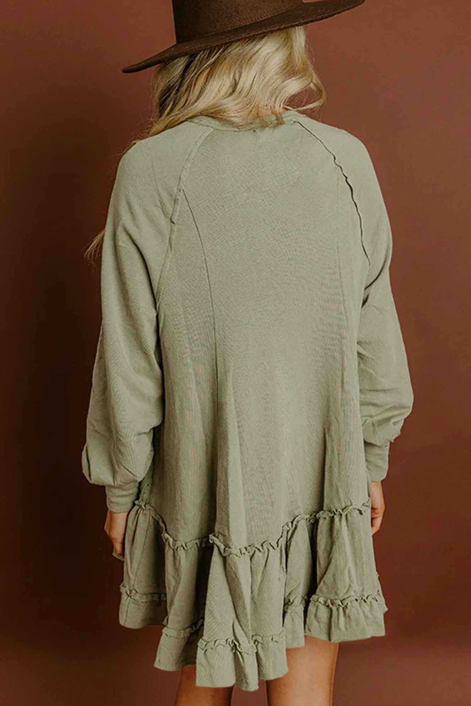 Laurel Green Jacquard Frilled Ruffled Long Sleeve Mini Dress - loveforevers