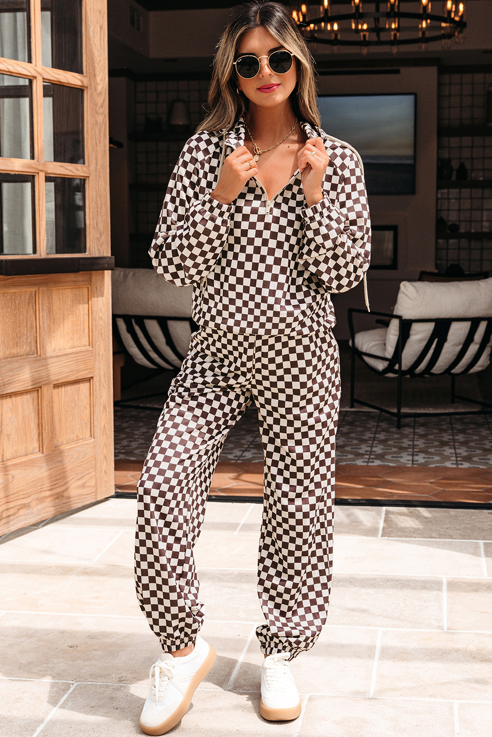 Black Athleisure Checkered 2pcs Pants Set - loveforevers