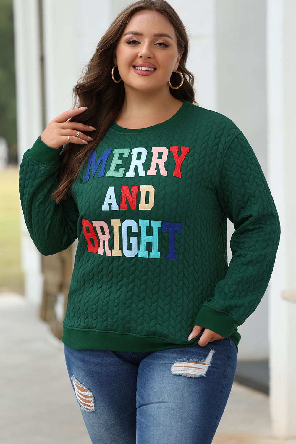 White LOVE Chenille Embroidered Cable Knit Pullover Sweatshirt - loveforevers