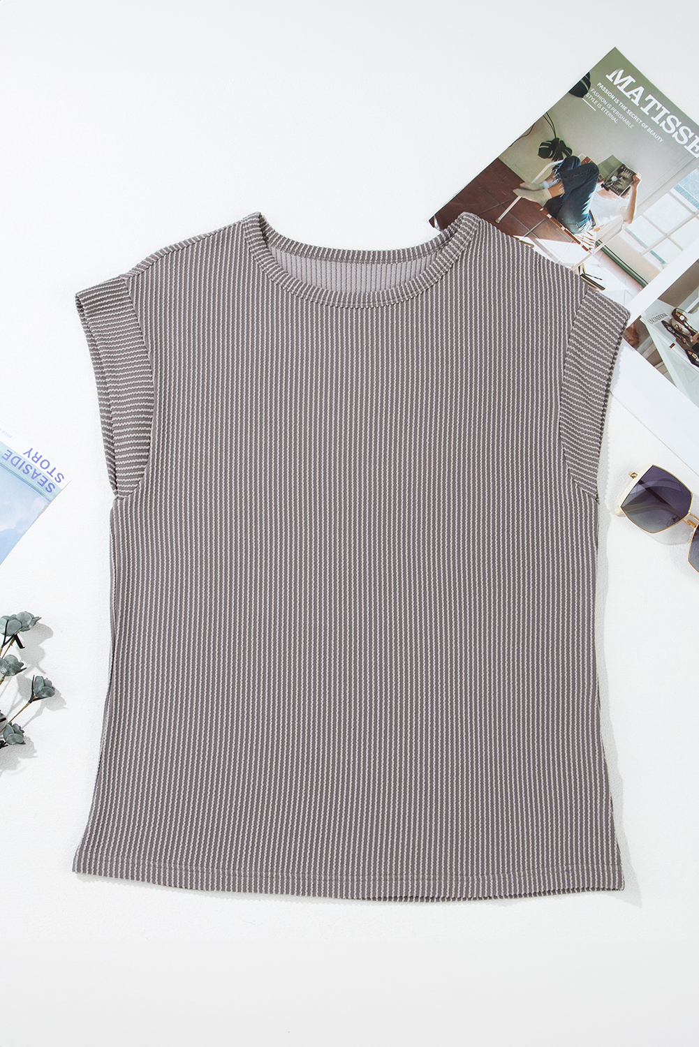Gray Twisted Rib Wide Sleeve Crew Neck T Shirt - loveforevers